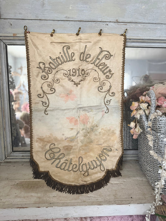 Antique Silk French Painted Passementerie Embroidered Banner