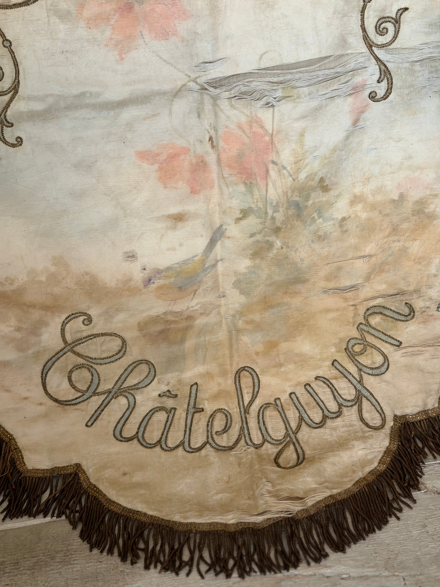 Antique Silk French Painted Passementerie Embroidered Banner