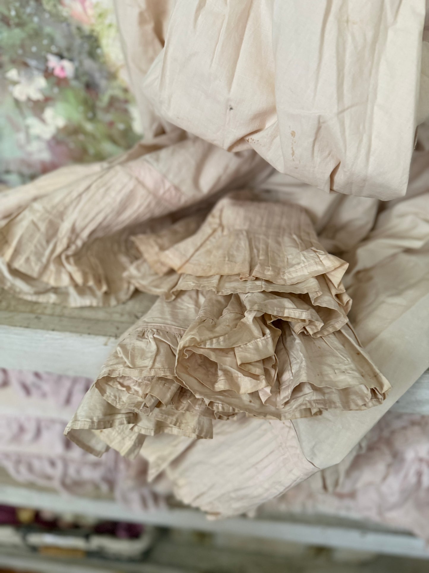Antique Pale Pink Cotton Ruffled Hem Trained Skirt