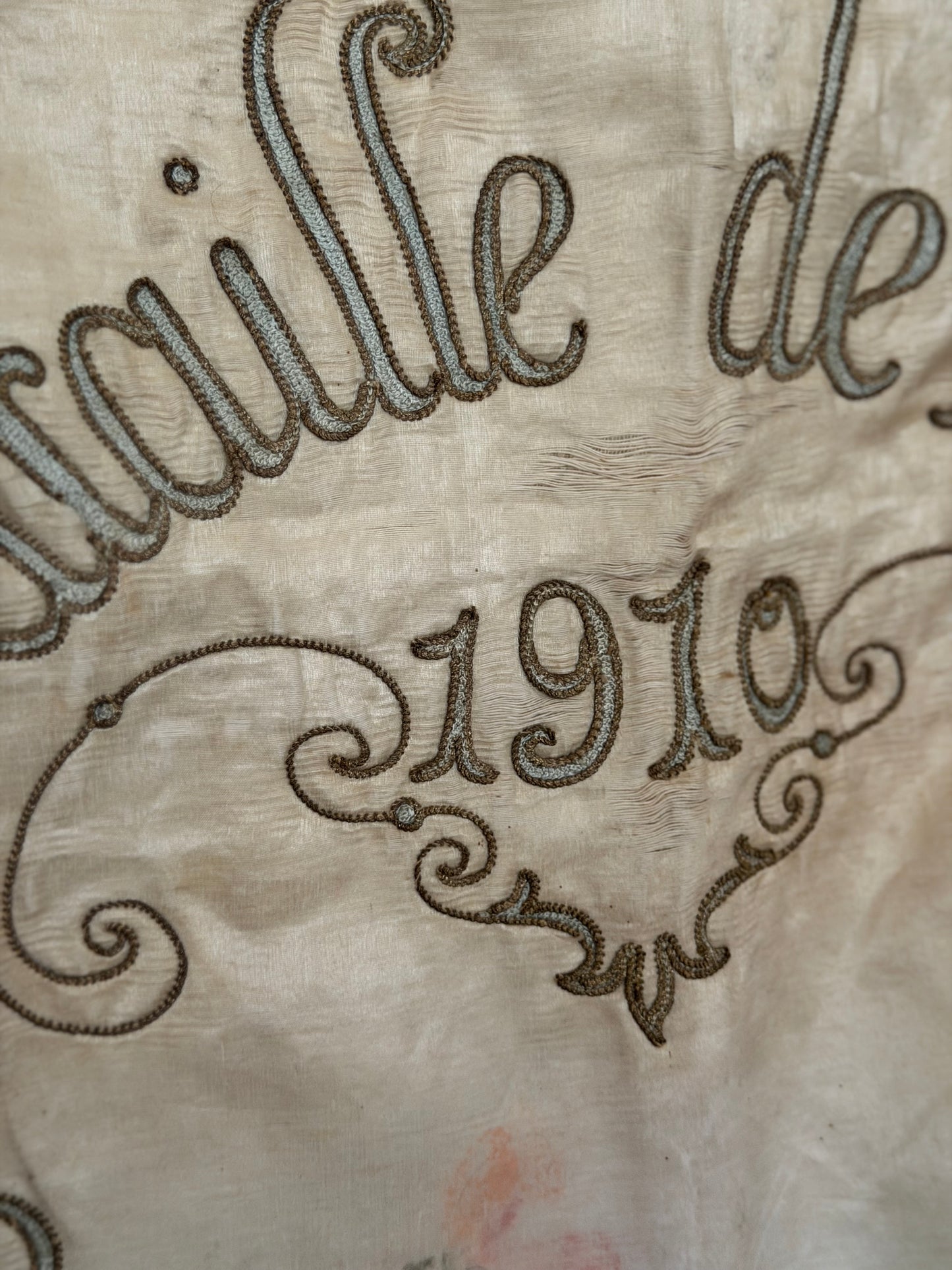 Antique Silk French Painted Passementerie Embroidered Banner