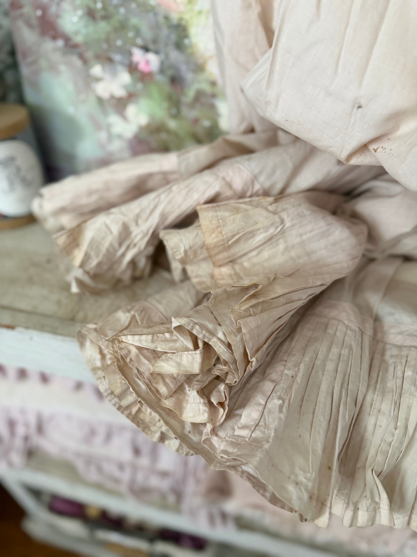 Antique Pale Pink Cotton Ruffled Hem Trained Skirt