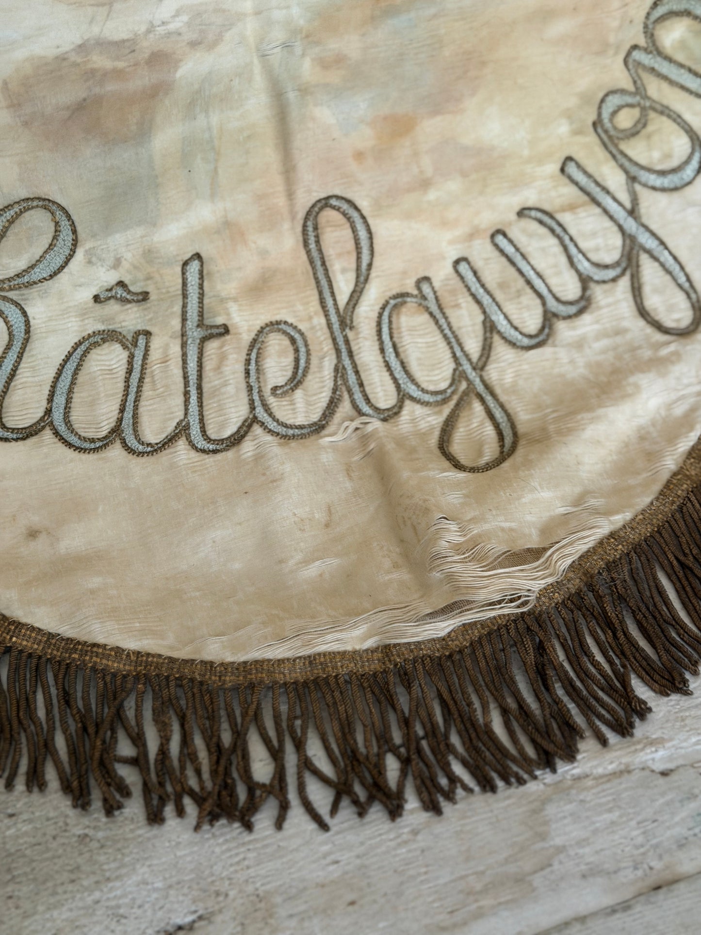 Antique Silk French Painted Passementerie Embroidered Banner