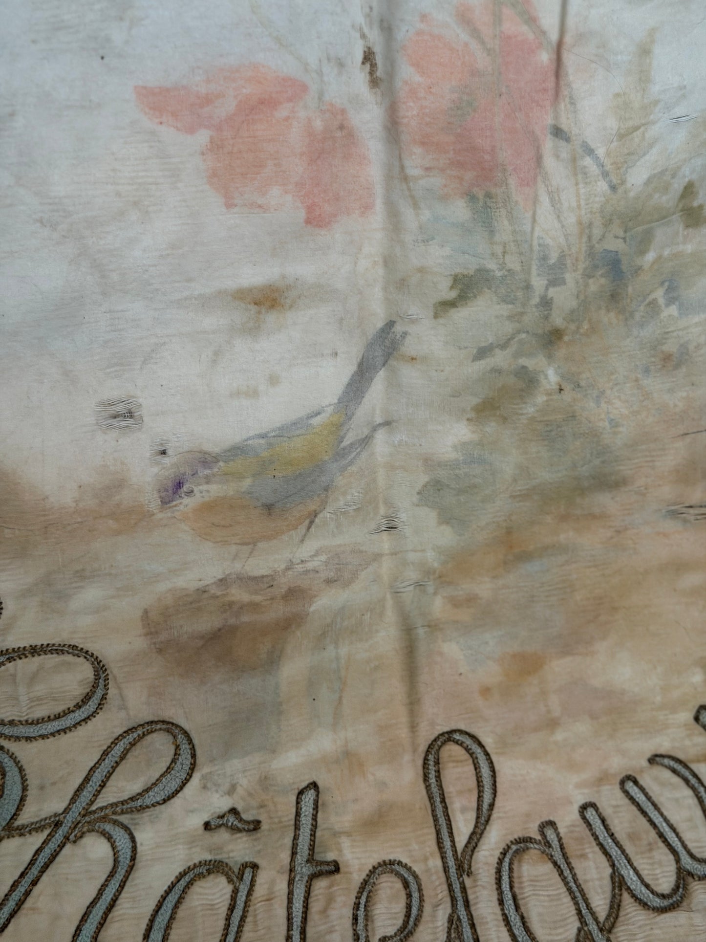 Antique Silk French Painted Passementerie Embroidered Banner