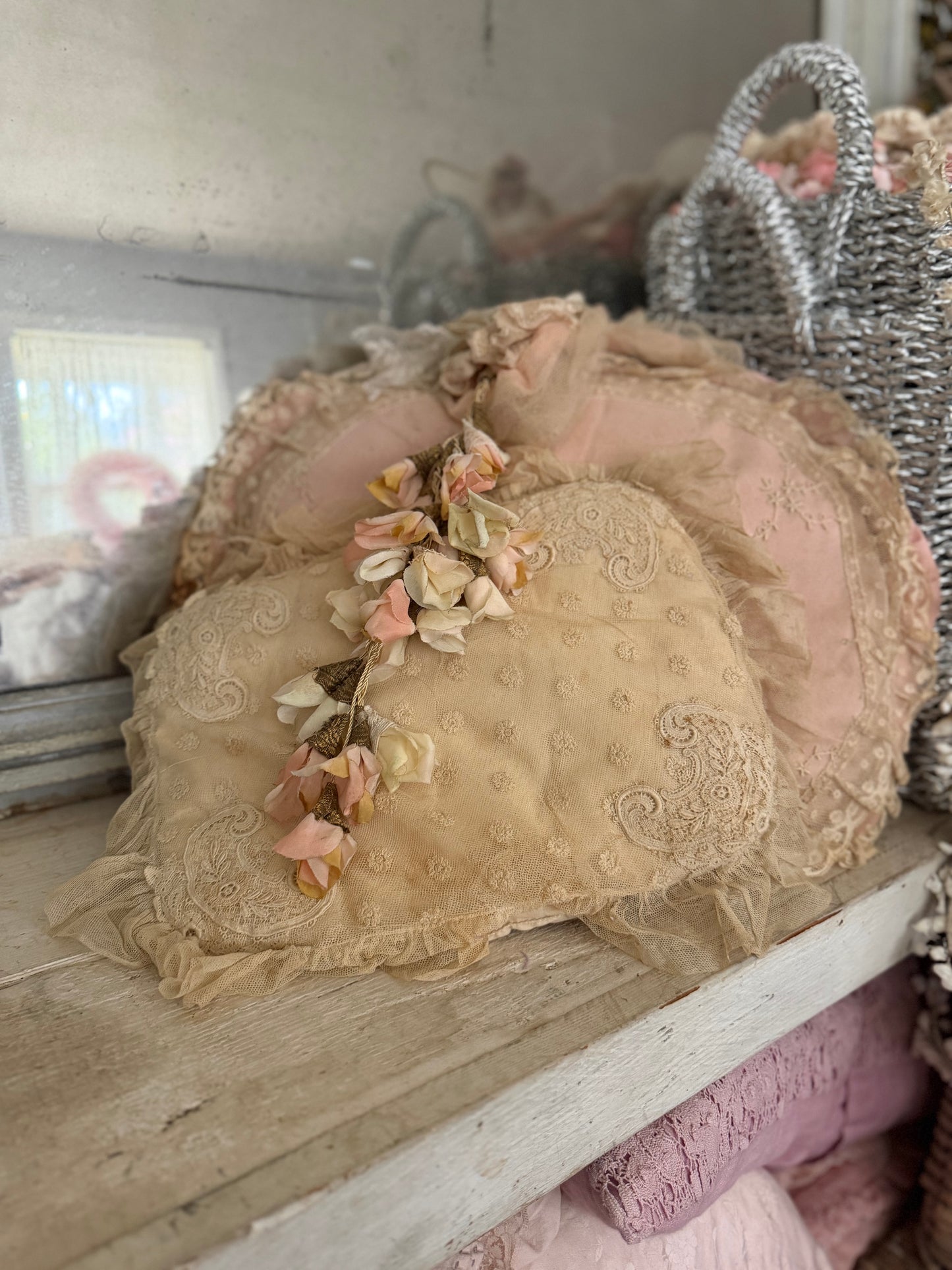 Antique Ruffled Lace Boudoir Pillow
