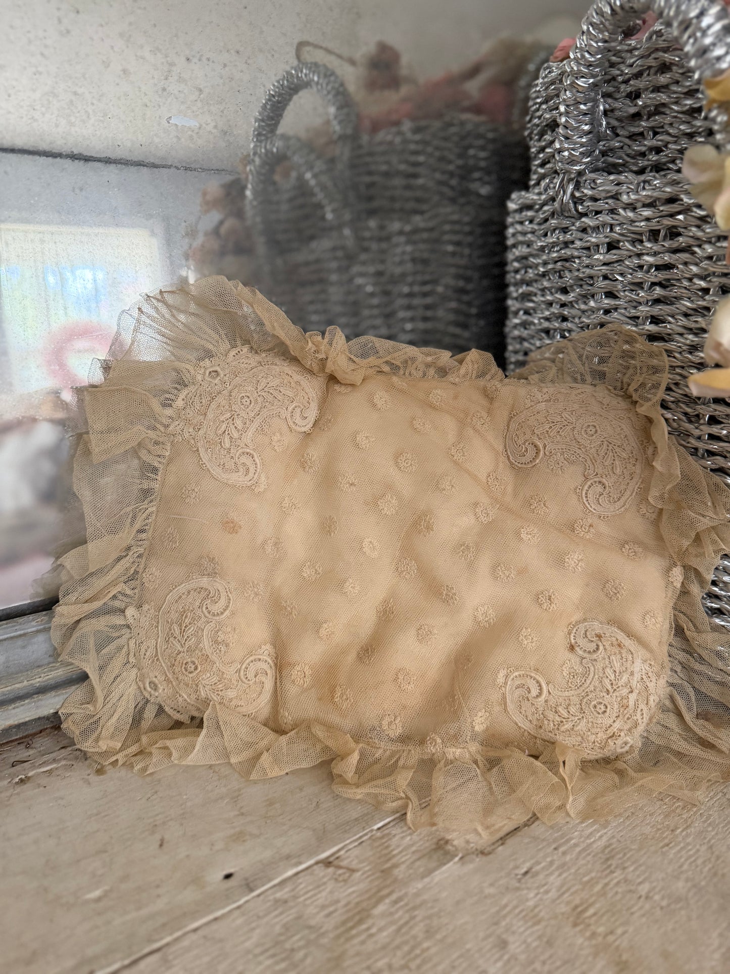 Antique Ruffled Lace Boudoir Pillow