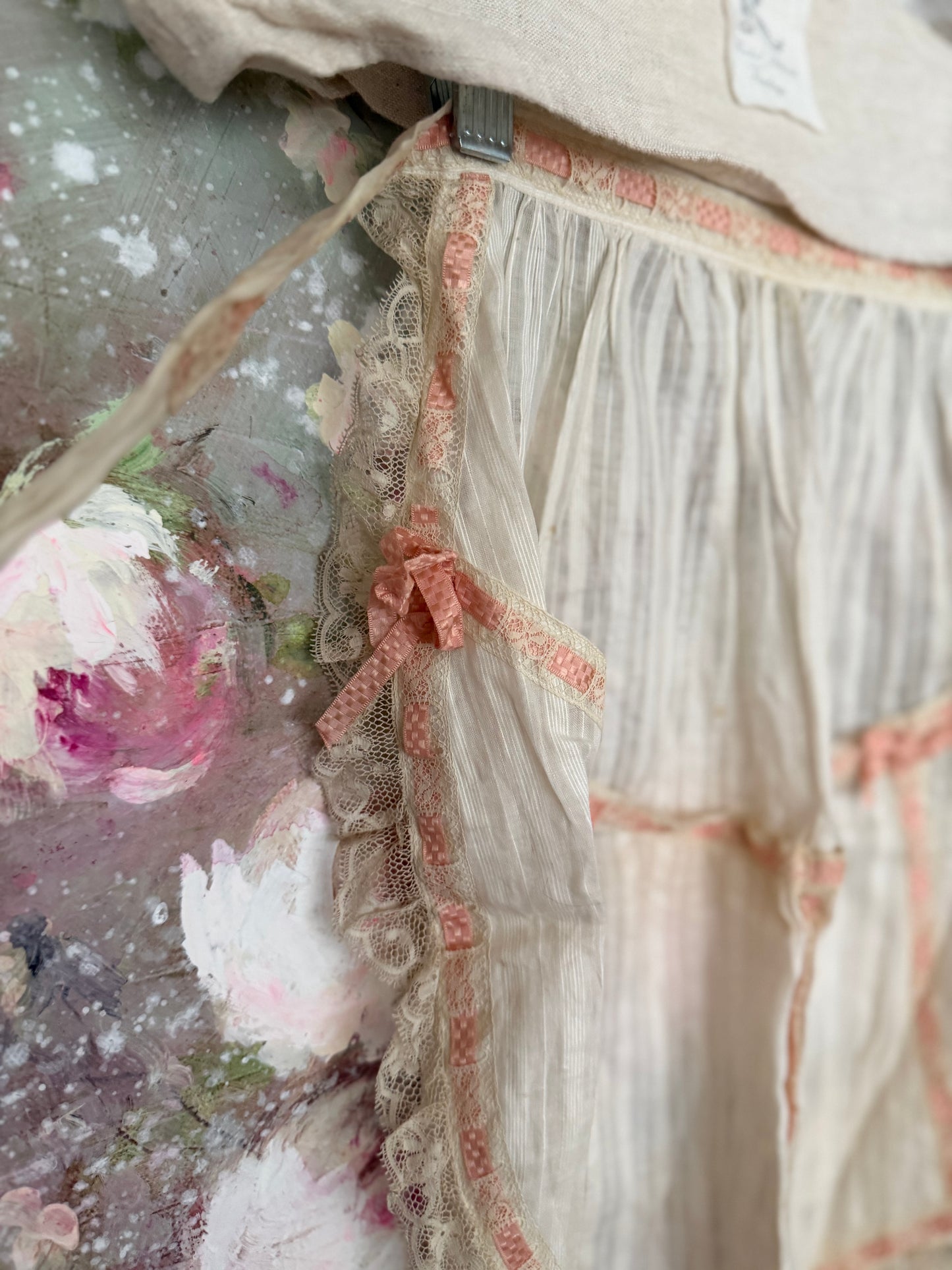 Antique Apron Skirt Pink Silk Ribbon Bows Lace