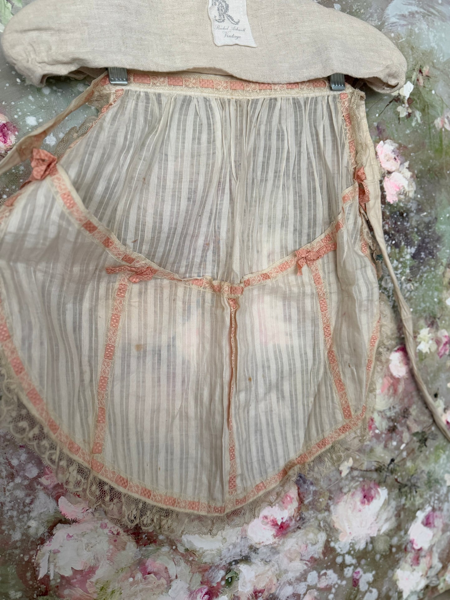 Antique Apron Skirt Pink Silk Ribbon Bows Lace