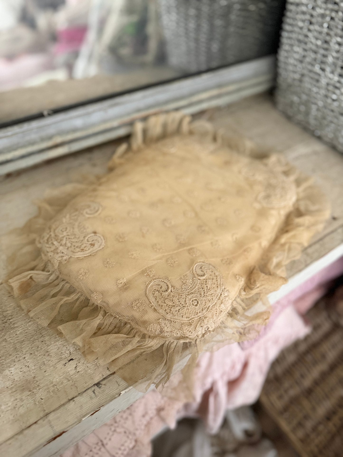 Antique Ruffled Lace Boudoir Pillow