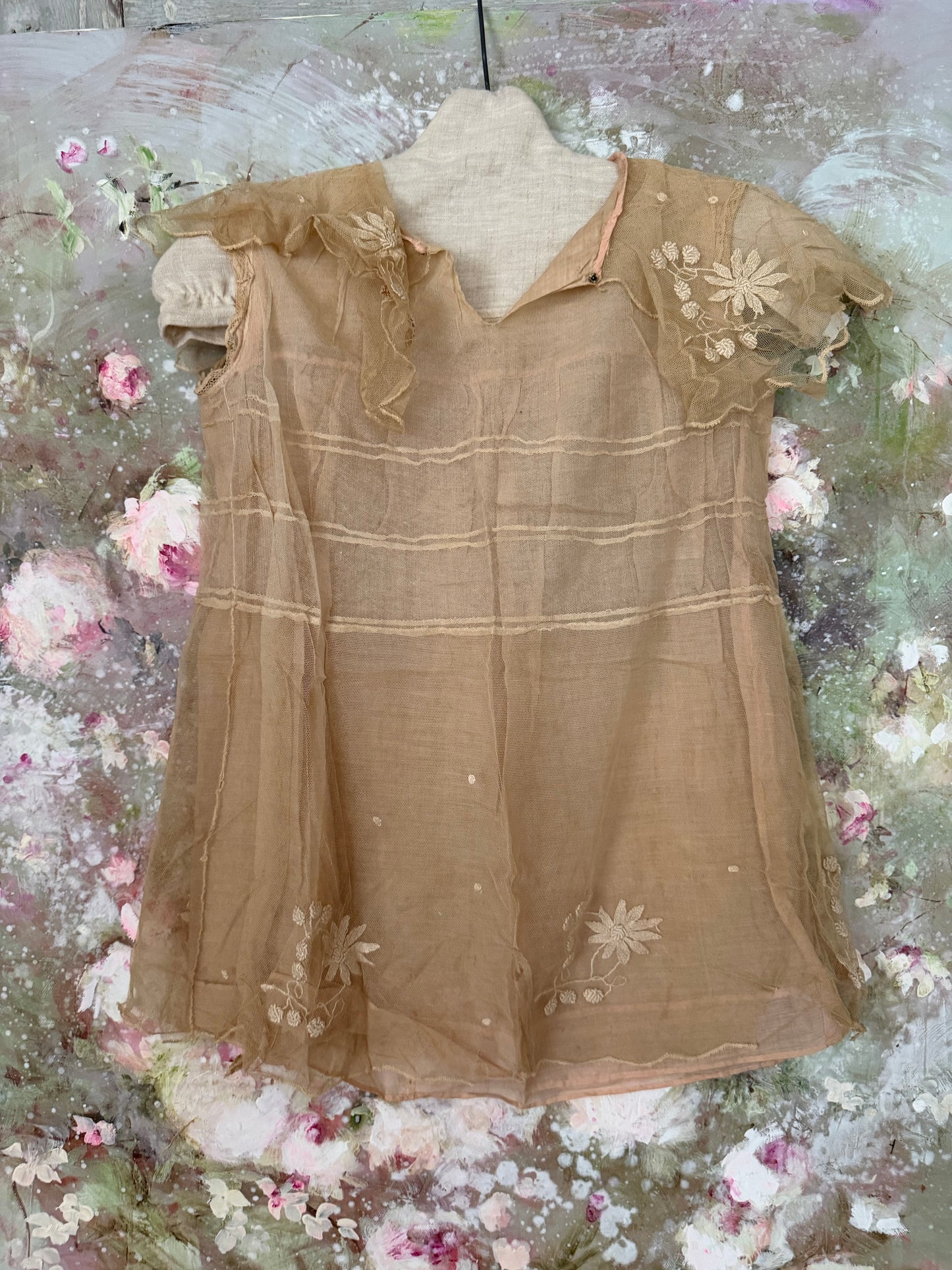 STORY SALE Antique Girls Lace Dress Pink Silk Ribbon