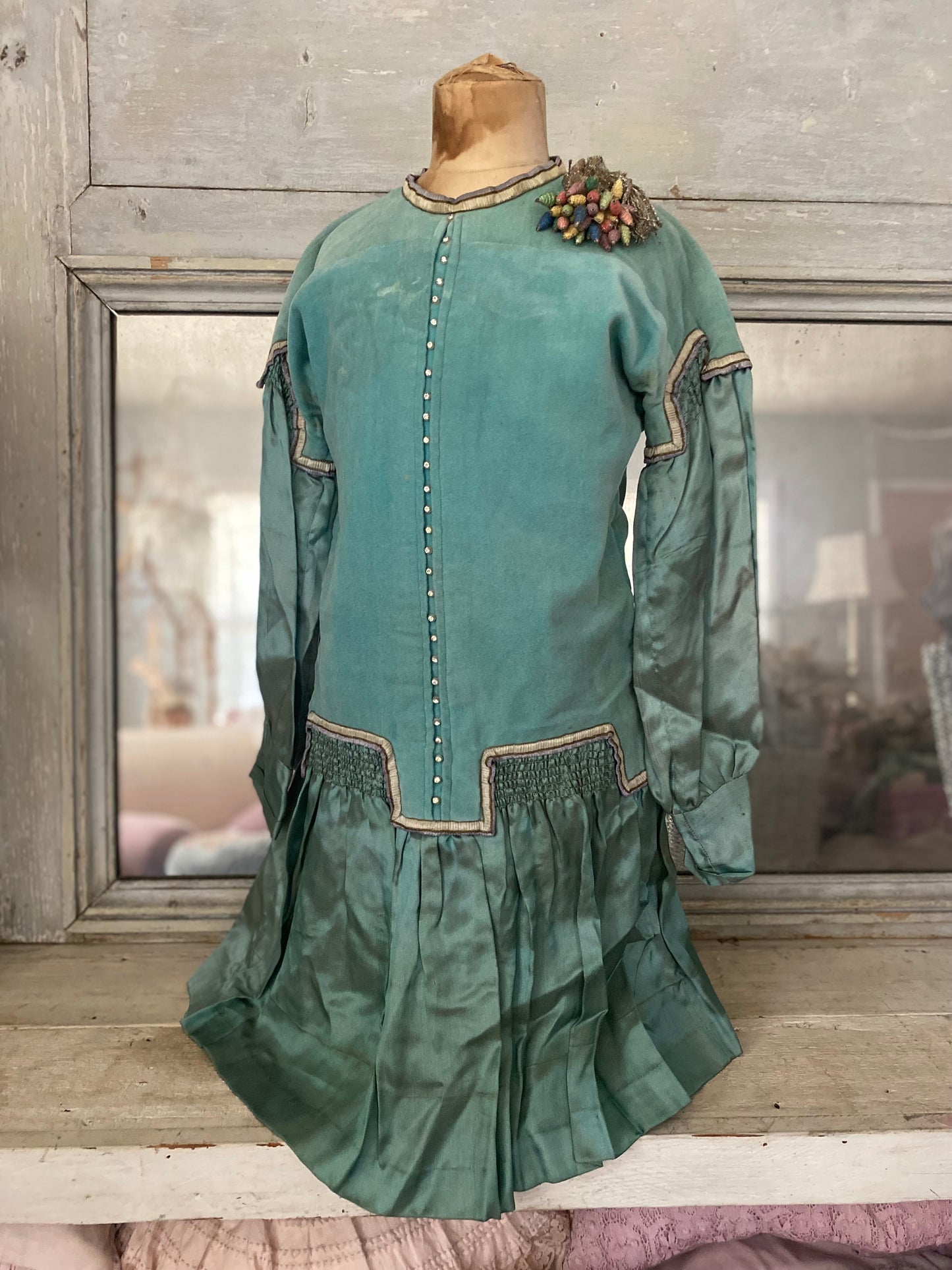 Antique c1925 Girls Dress Rhinestones & Metallic Millinery