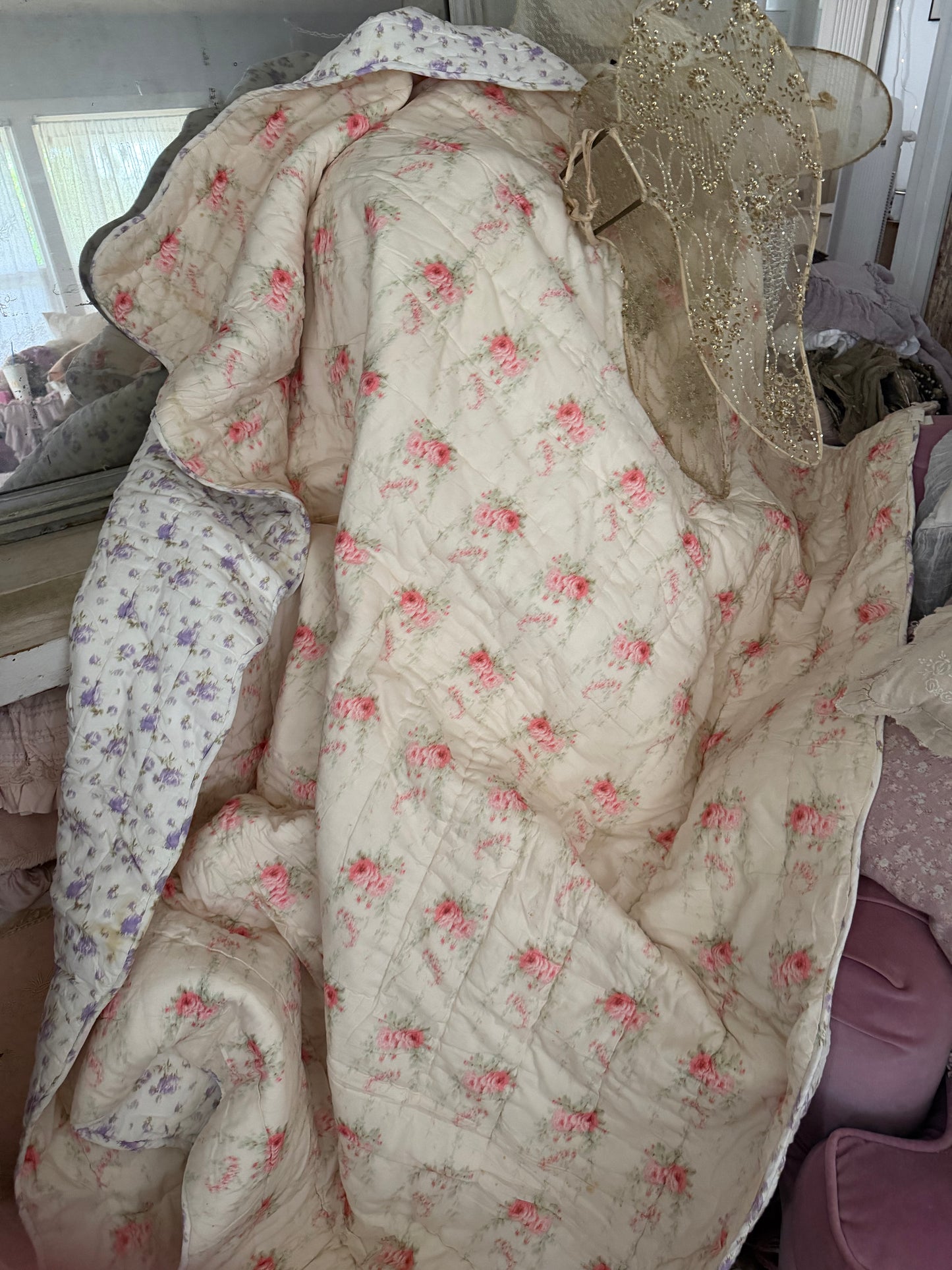 Reserved B RARE LOVESHACKFANCY Retired Quilted Ikat Rose Blanket Comforter