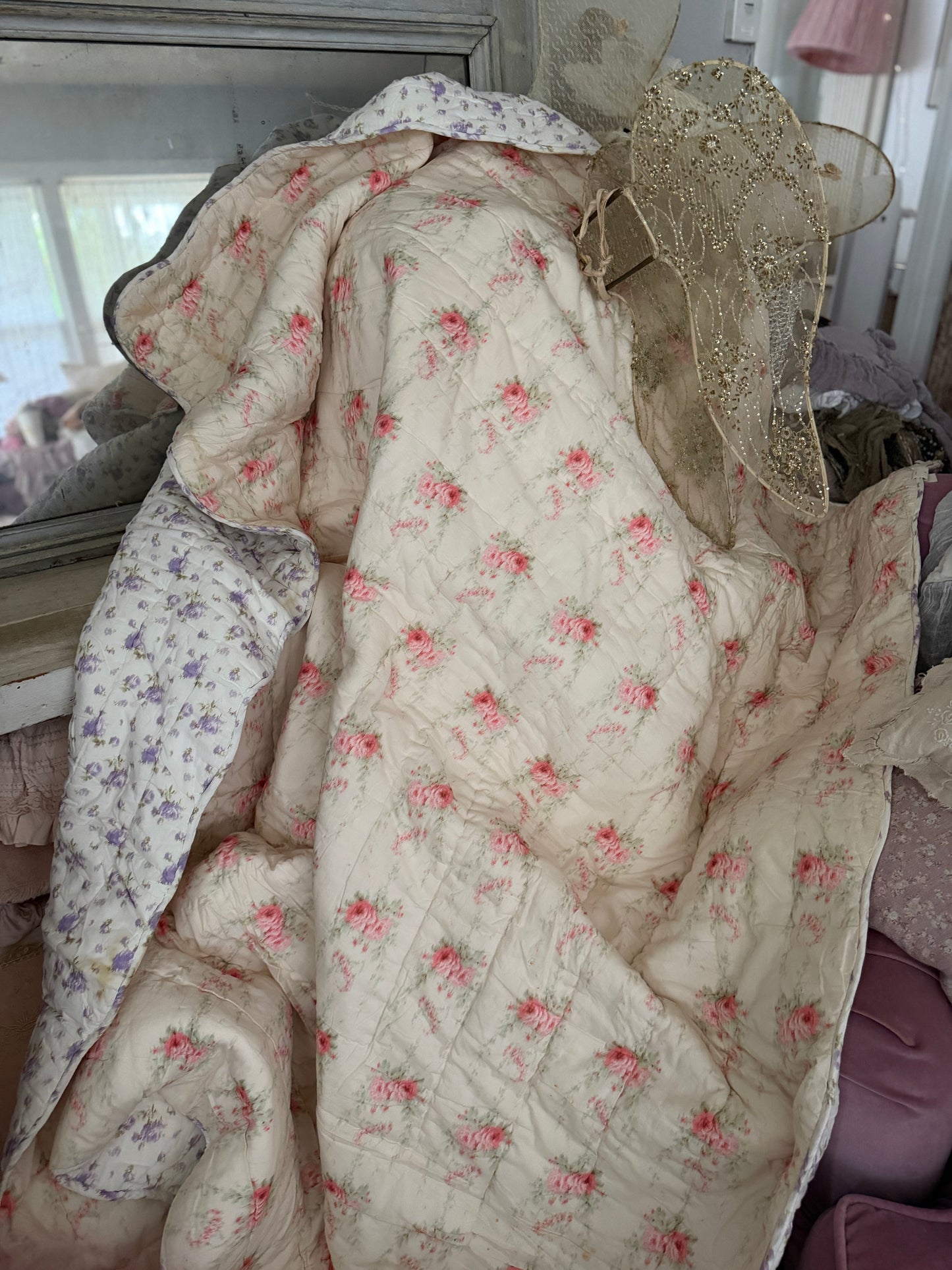 Reserved B RARE LOVESHACKFANCY Retired Quilted Ikat Rose Blanket Comforter