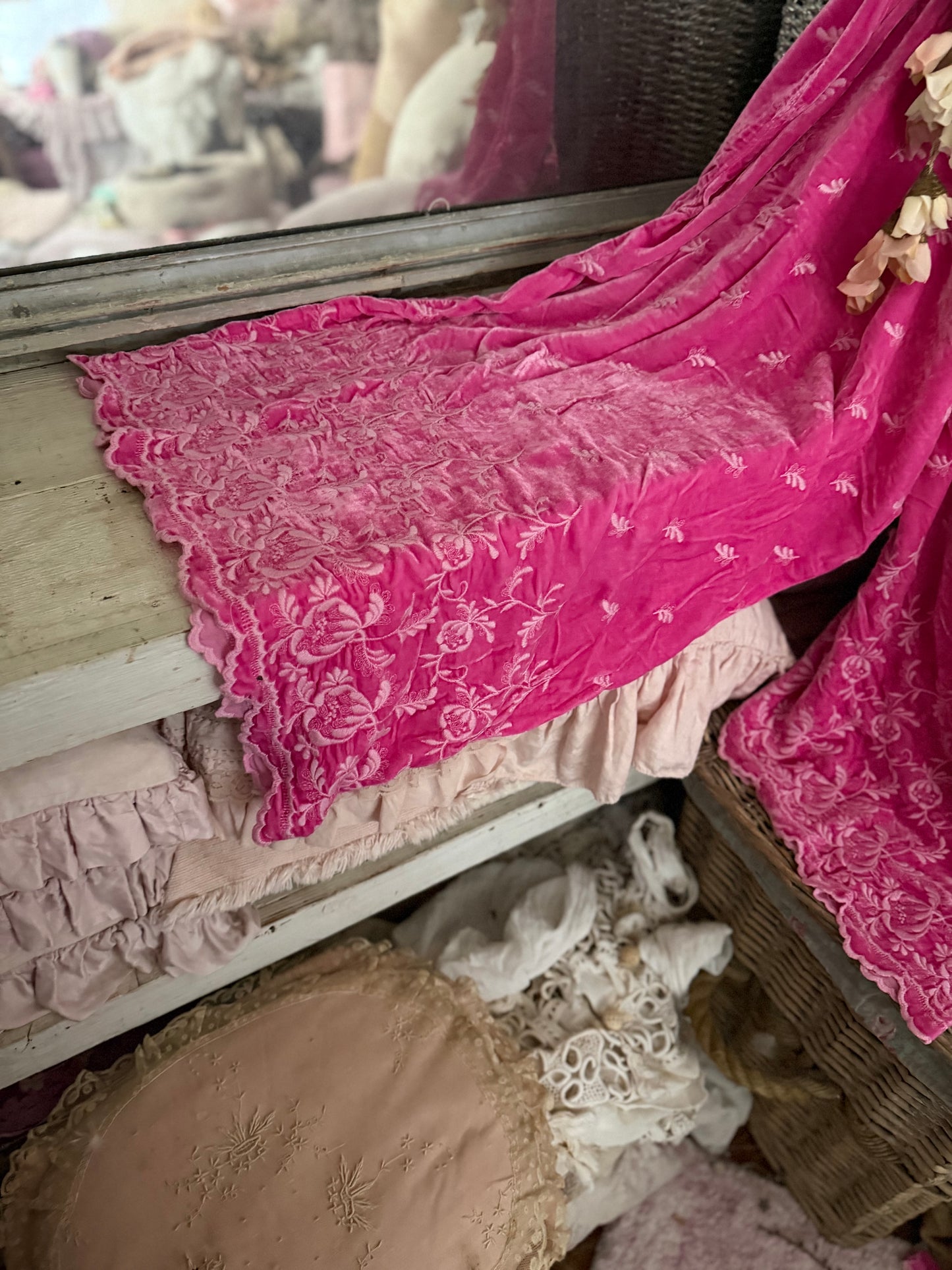 Pair Bella Notte Pink Silk Embroidered Velvet King Pillowcase