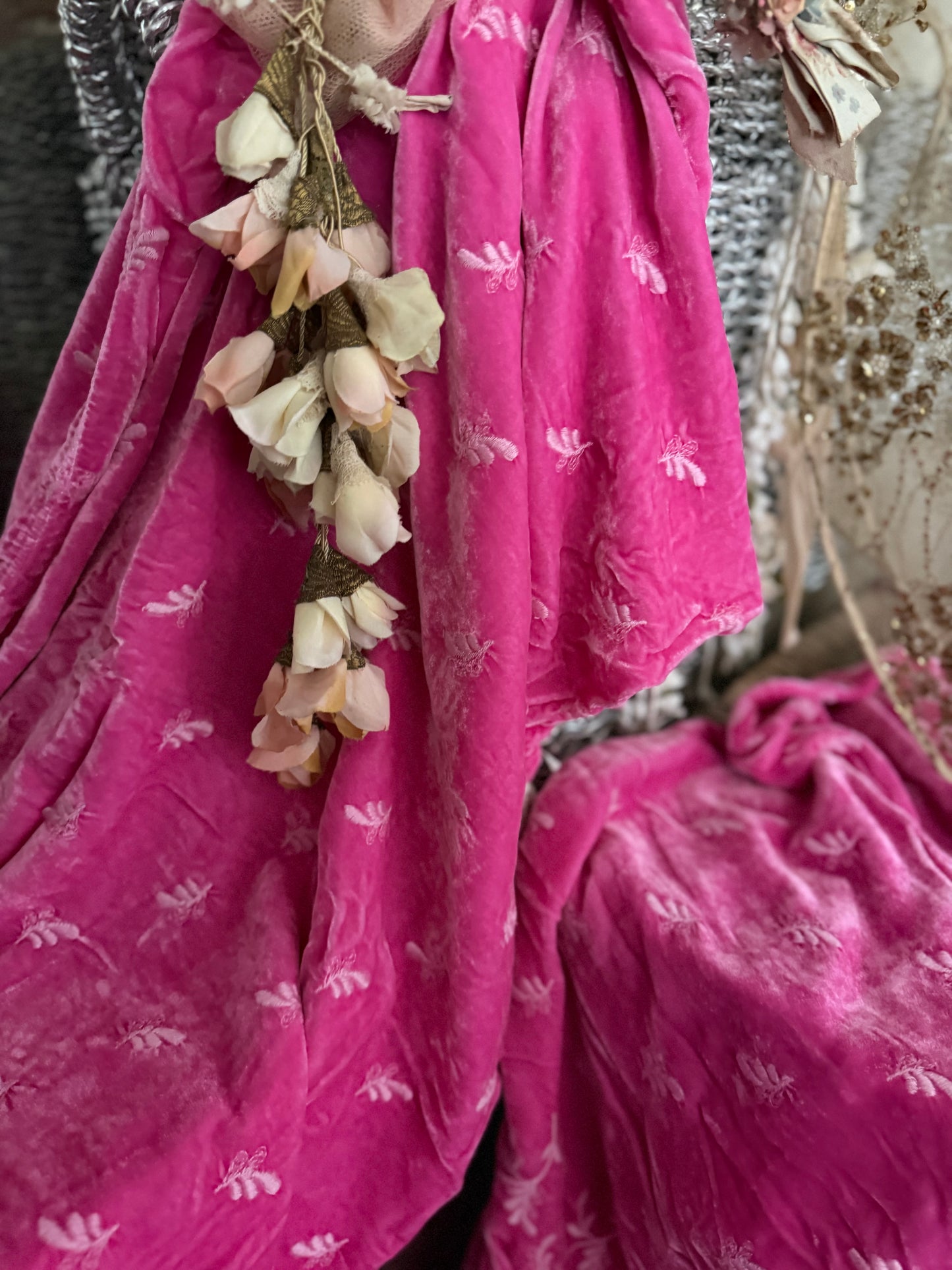 Pair Bella Notte Pink Silk Embroidered Velvet King Pillowcase
