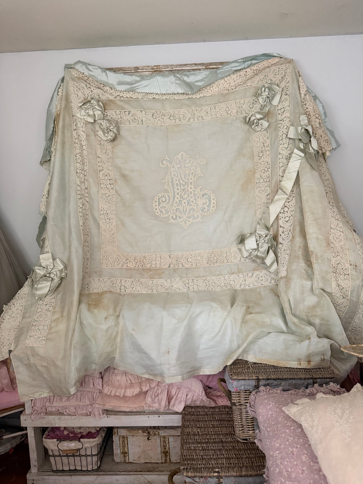RARE Exquisite Antique French Silk Lace Monogram Bridal Bed Set