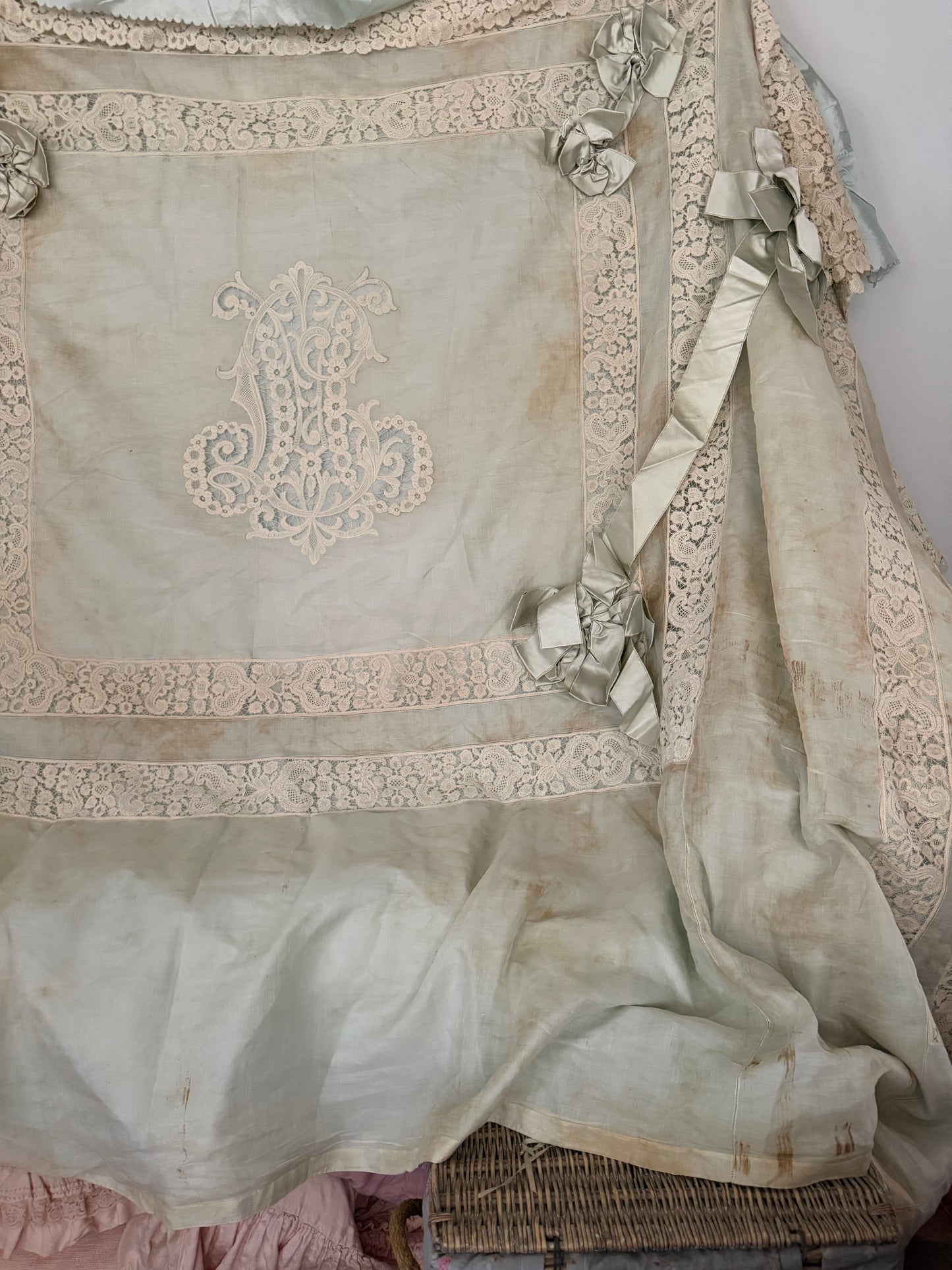 RARE Exquisite Antique French Silk Lace Monogram Bridal Bed Set