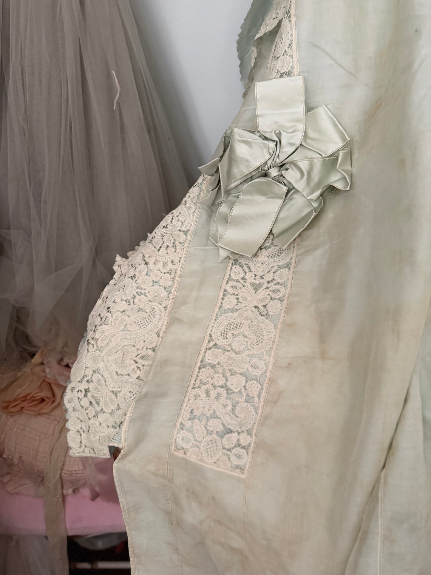 RARE Exquisite Antique French Silk Lace Monogram Bridal Bed Set