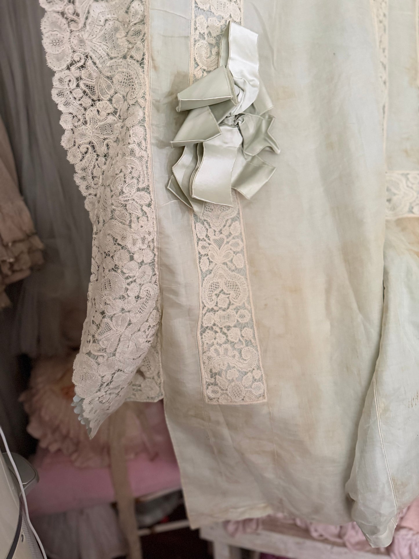 RARE Exquisite Antique French Silk Lace Monogram Bridal Bed Set