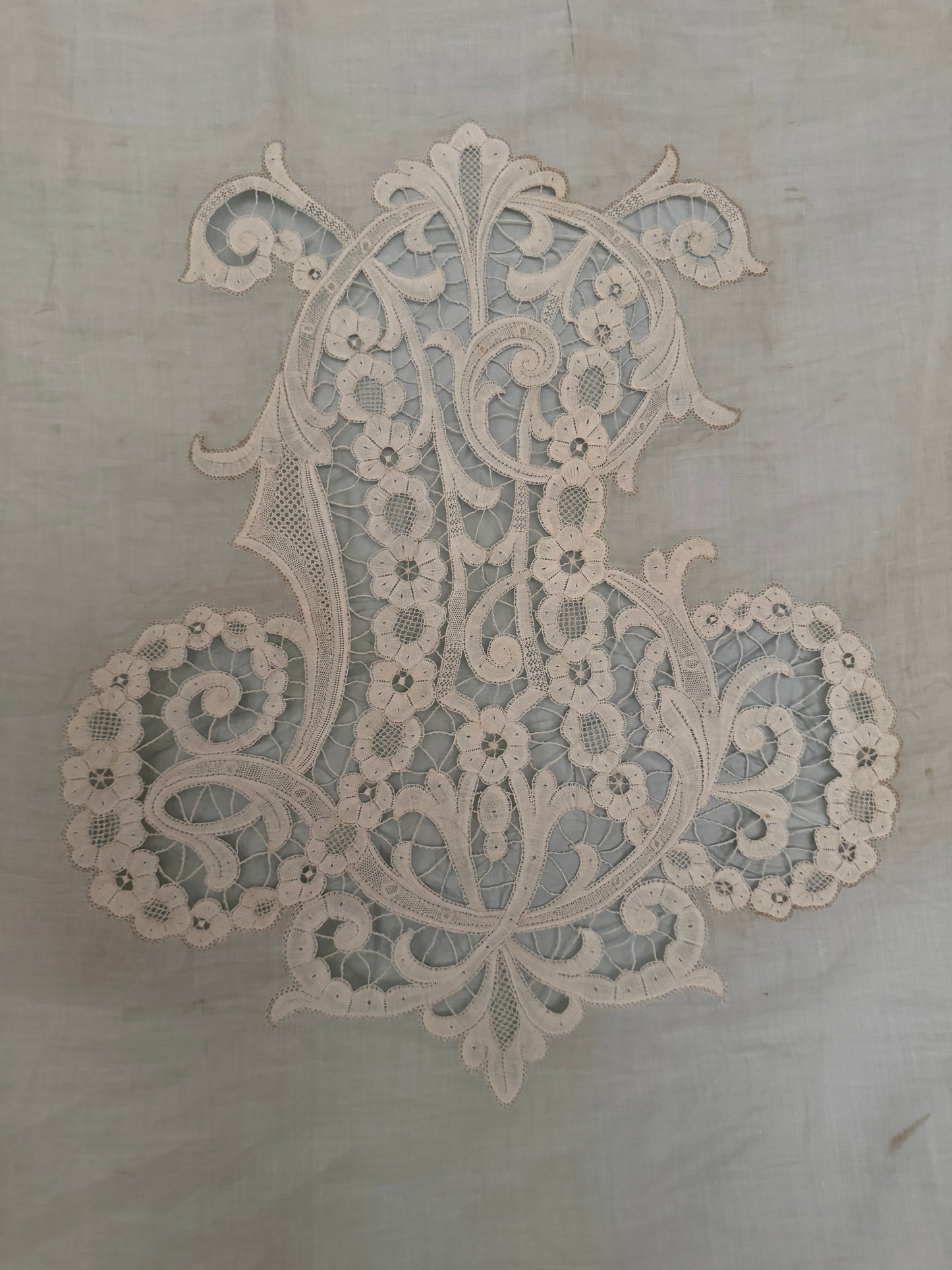 RARE Exquisite Antique French Silk Lace Monogram Bridal Bed Set