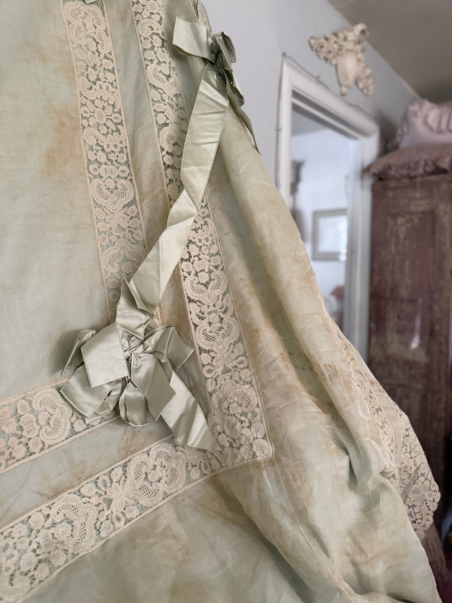 RARE Exquisite Antique French Silk Lace Monogram Bridal Bed Set