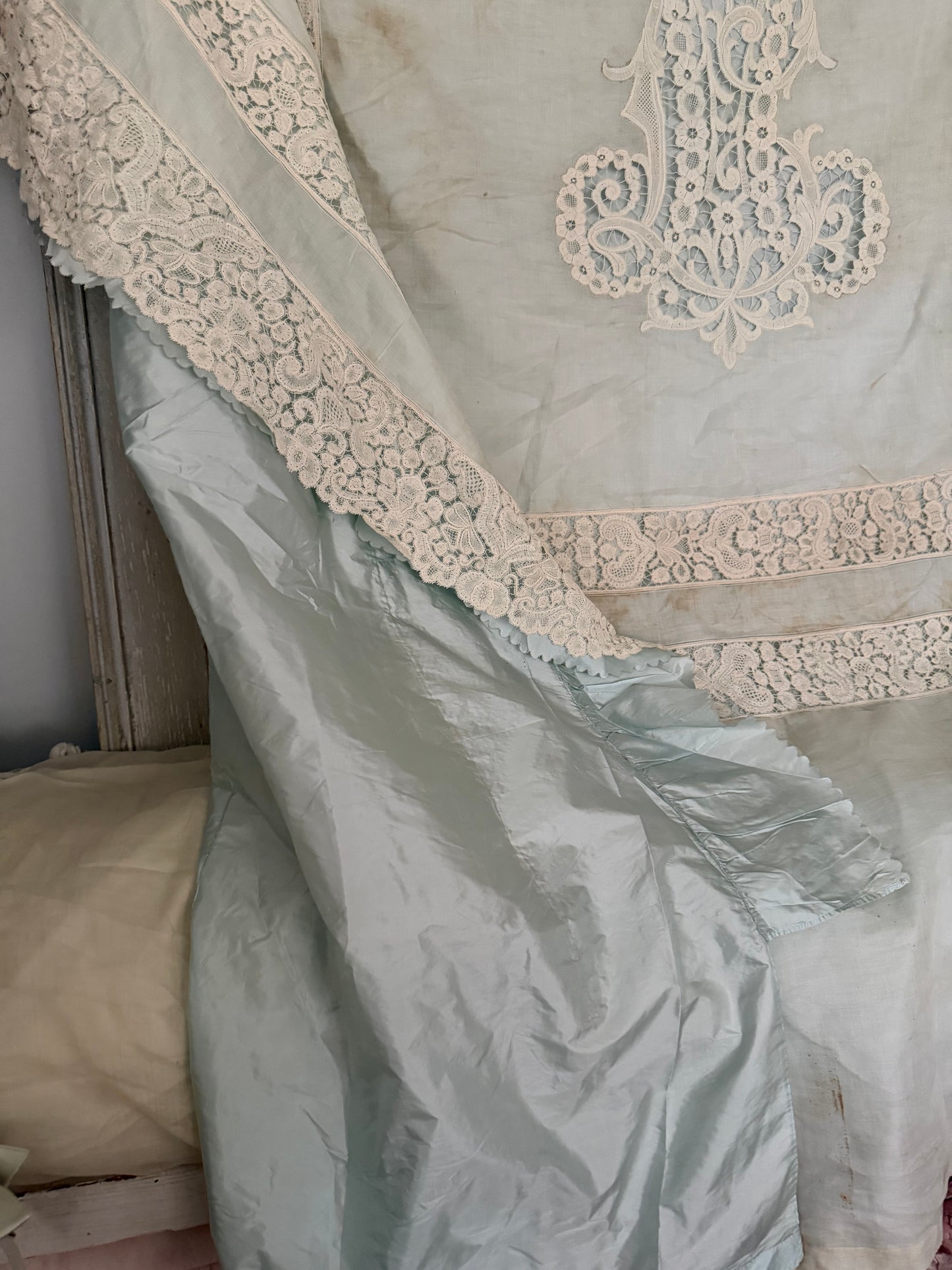 RARE Exquisite Antique French Silk Lace Monogram Bridal Bed Set
