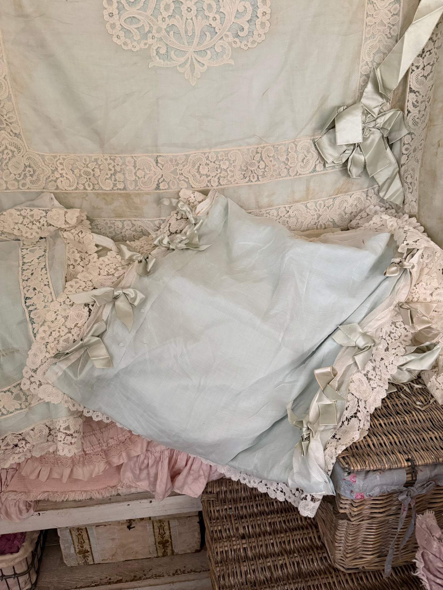 RARE Exquisite Antique French Silk Lace Monogram Bridal Bed Set