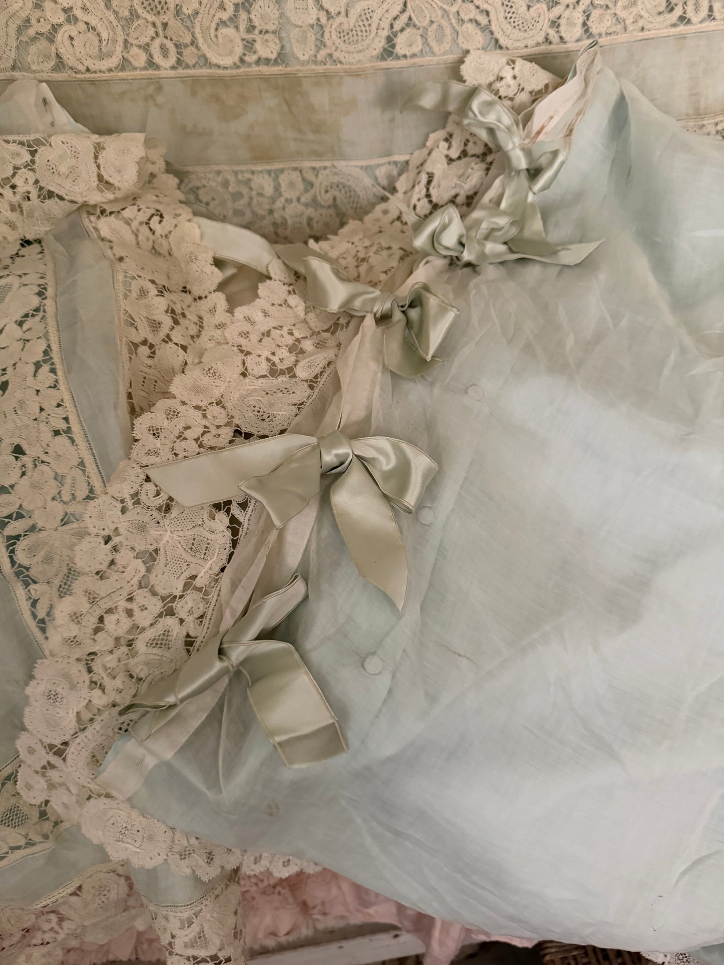 RARE Exquisite Antique French Silk Lace Monogram Bridal Bed Set