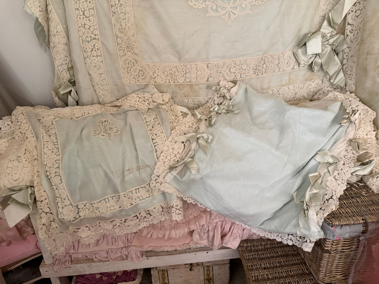 RARE Exquisite Antique French Silk Lace Monogram Bridal Bed Set