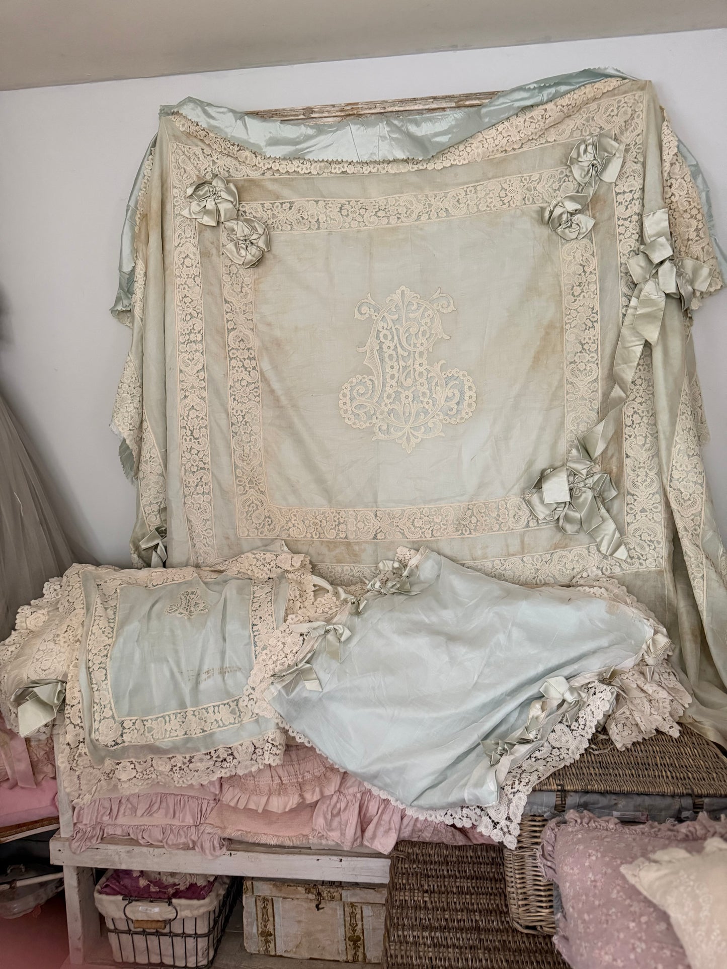 RARE Exquisite Antique French Silk Lace Monogram Bridal Bed Set