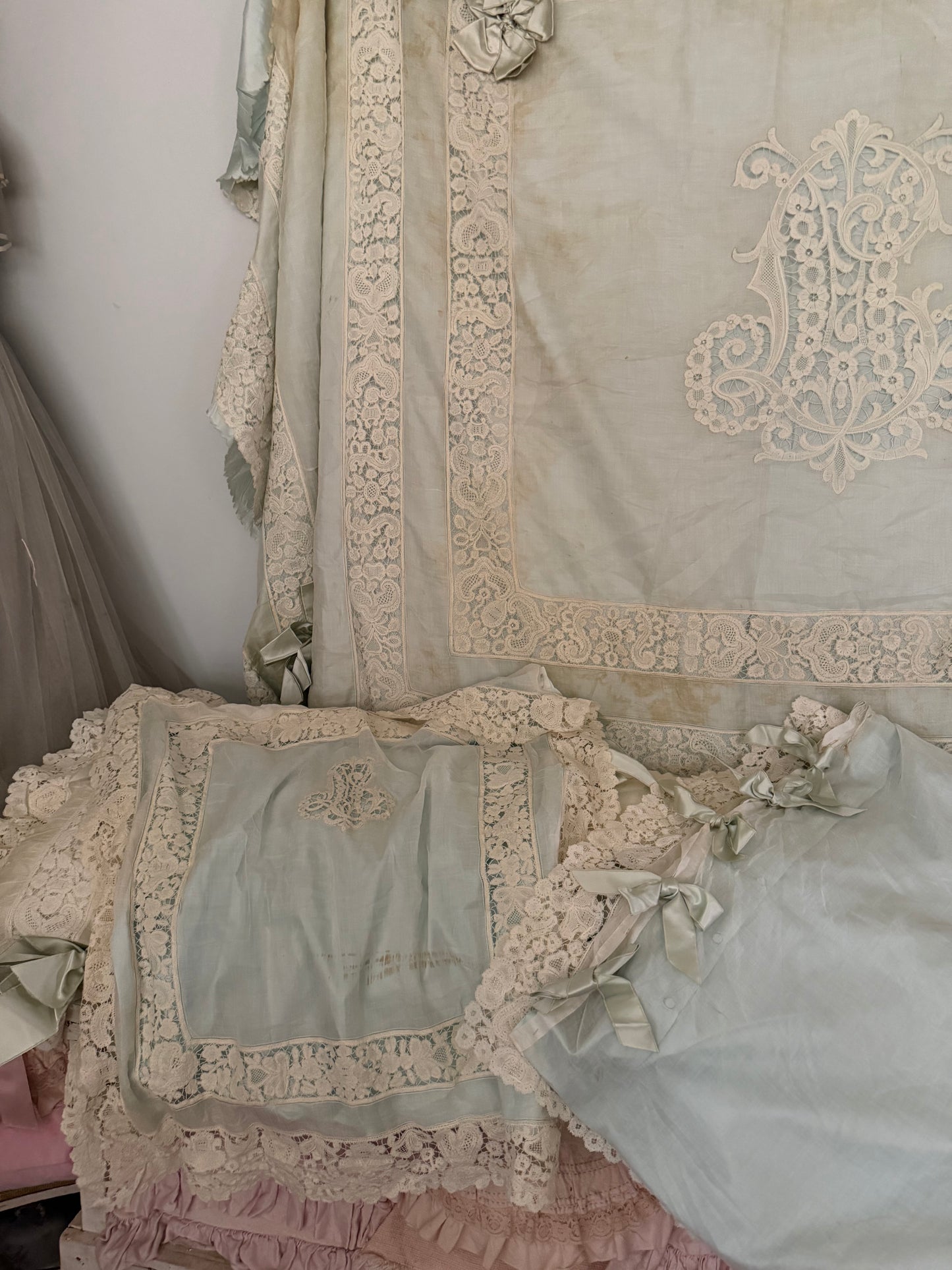 RARE Exquisite Antique French Silk Lace Monogram Bridal Bed Set