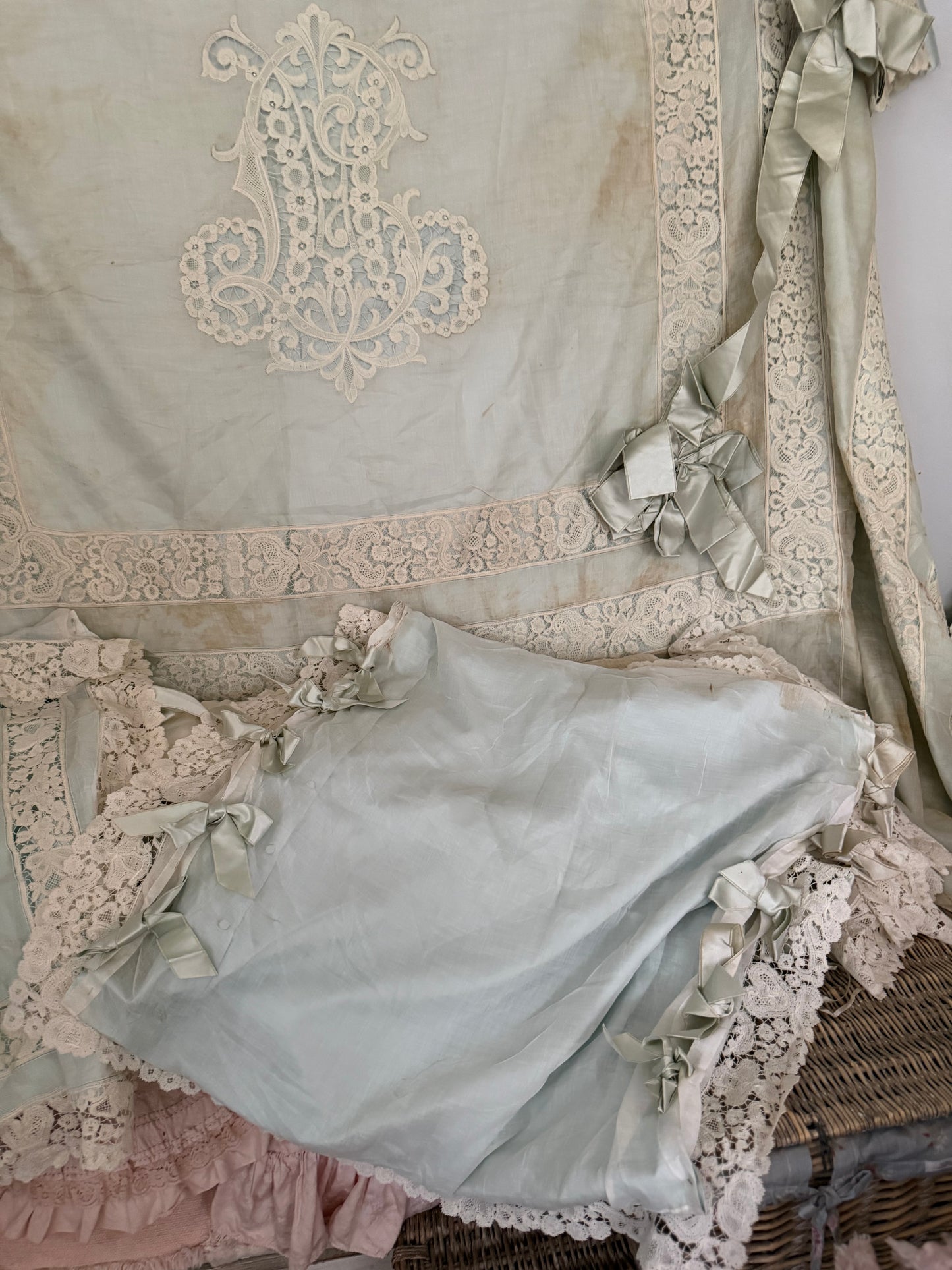 RARE Exquisite Antique French Silk Lace Monogram Bridal Bed Set