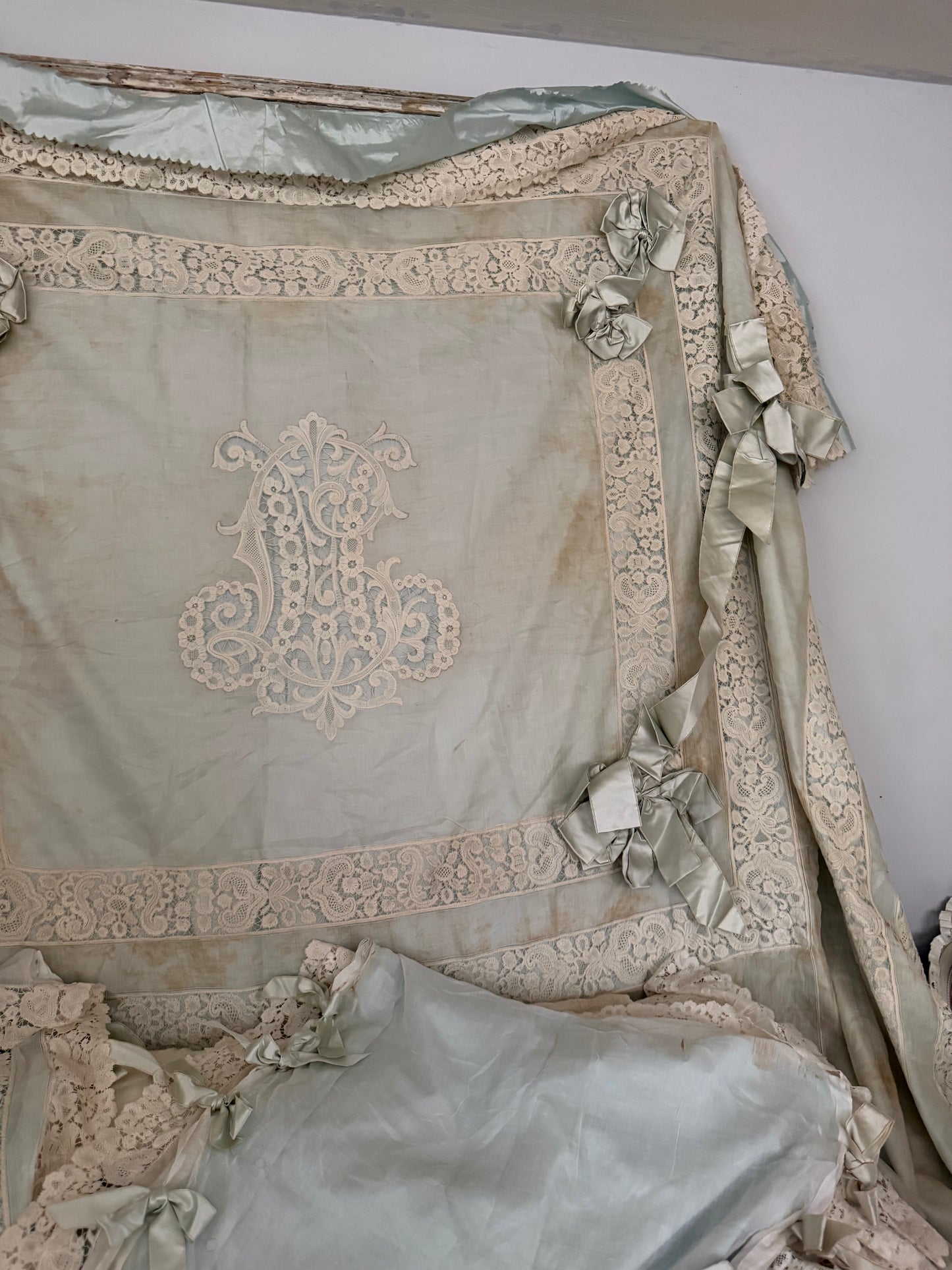 RARE Exquisite Antique French Silk Lace Monogram Bridal Bed Set