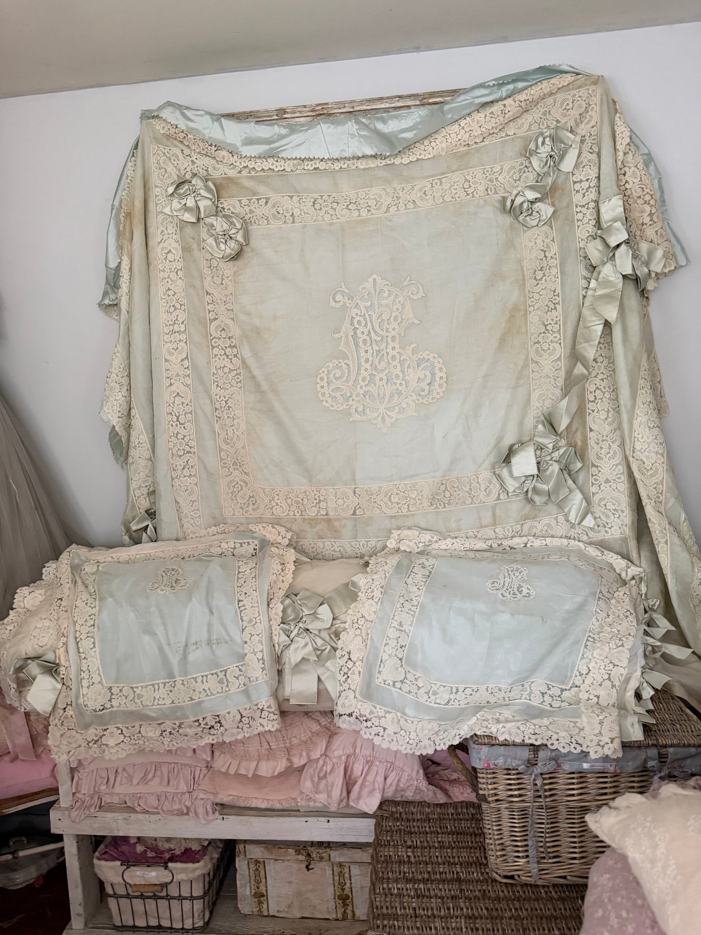 RARE Exquisite Antique French Silk Lace Monogram Bridal Bed Set