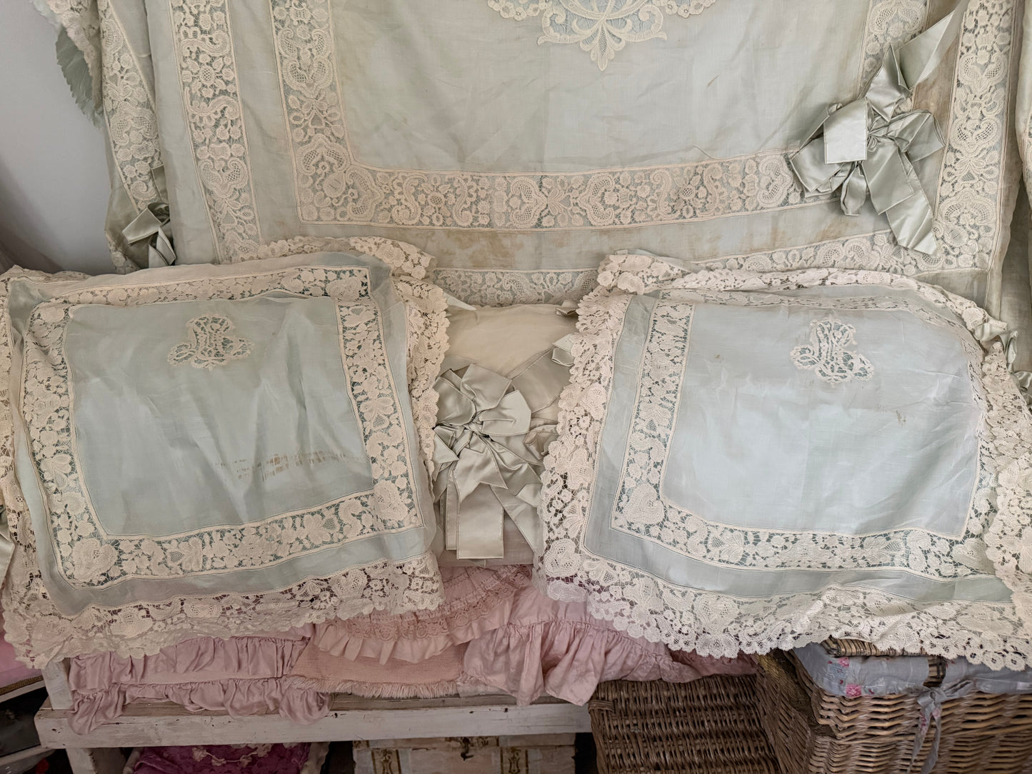 RARE Exquisite Antique French Silk Lace Monogram Bridal Bed Set