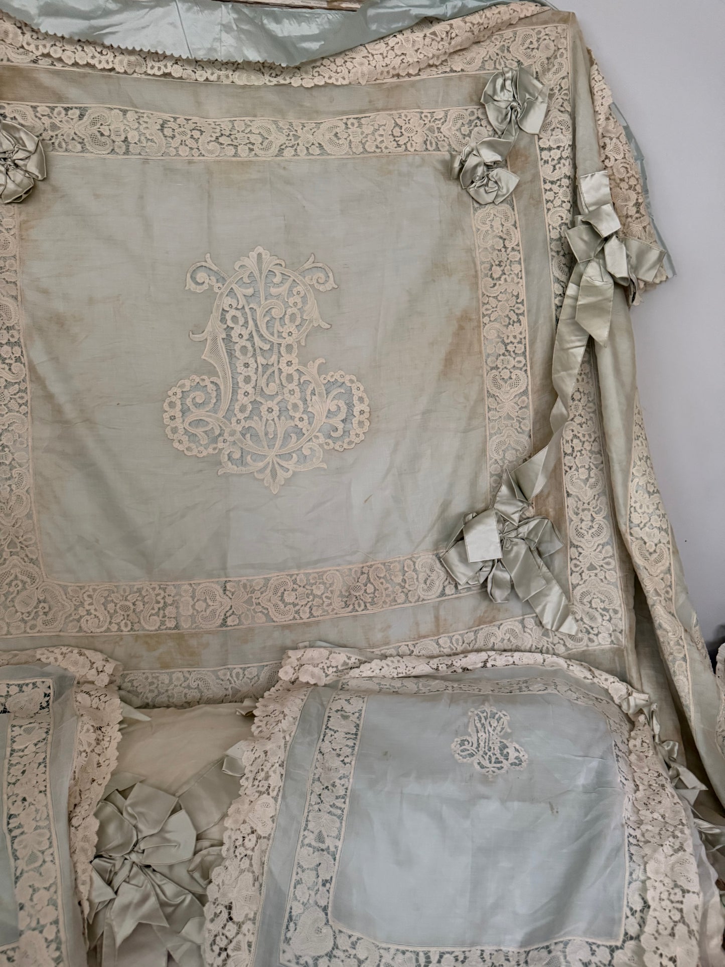 RARE Exquisite Antique French Silk Lace Monogram Bridal Bed Set