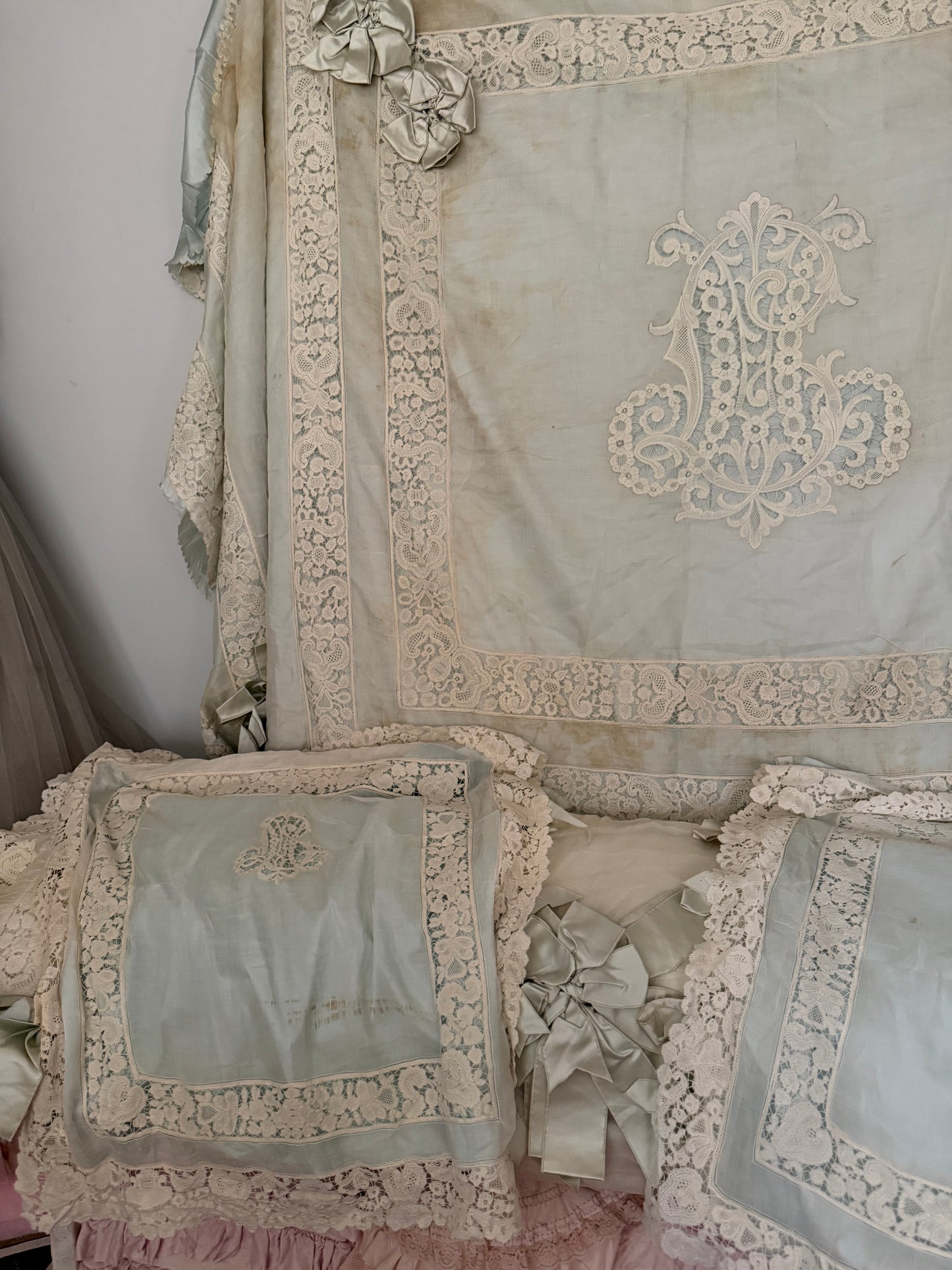 RARE Exquisite Antique French Silk Lace Monogram Bridal Bed Set
