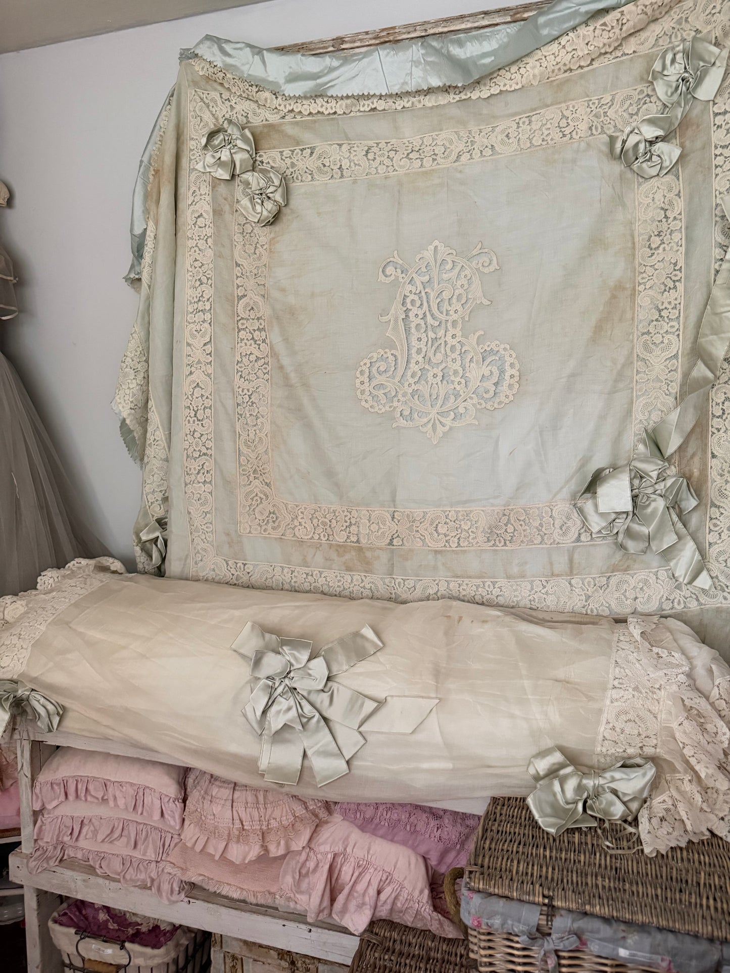 RARE Exquisite Antique French Silk Lace Monogram Bridal Bed Set