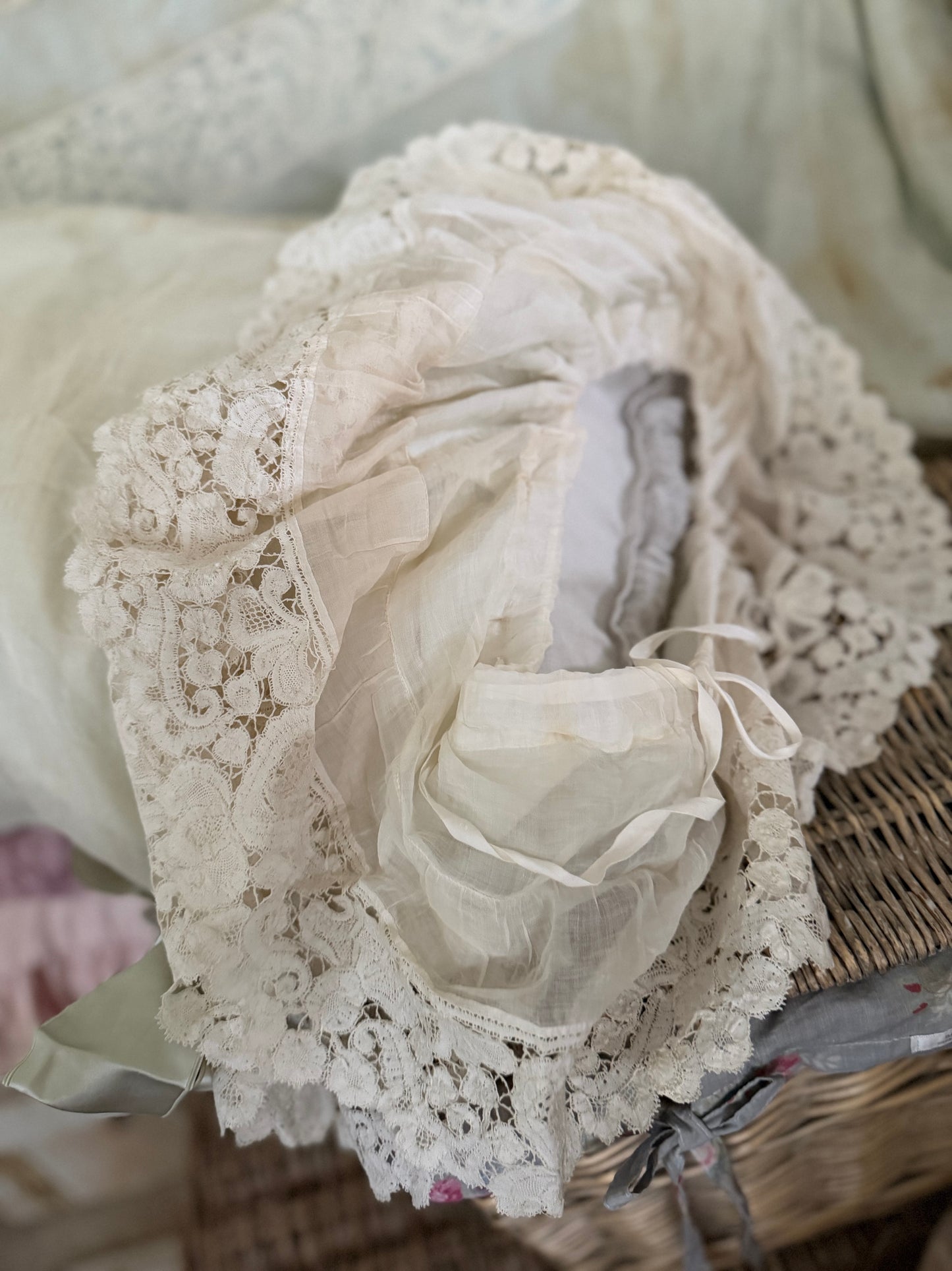 RARE Exquisite Antique French Silk Lace Monogram Bridal Bed Set