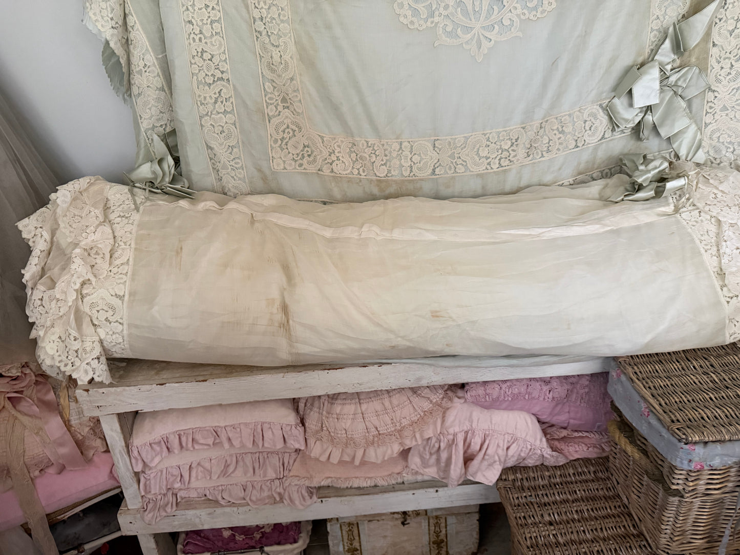 RARE Exquisite Antique French Silk Lace Monogram Bridal Bed Set