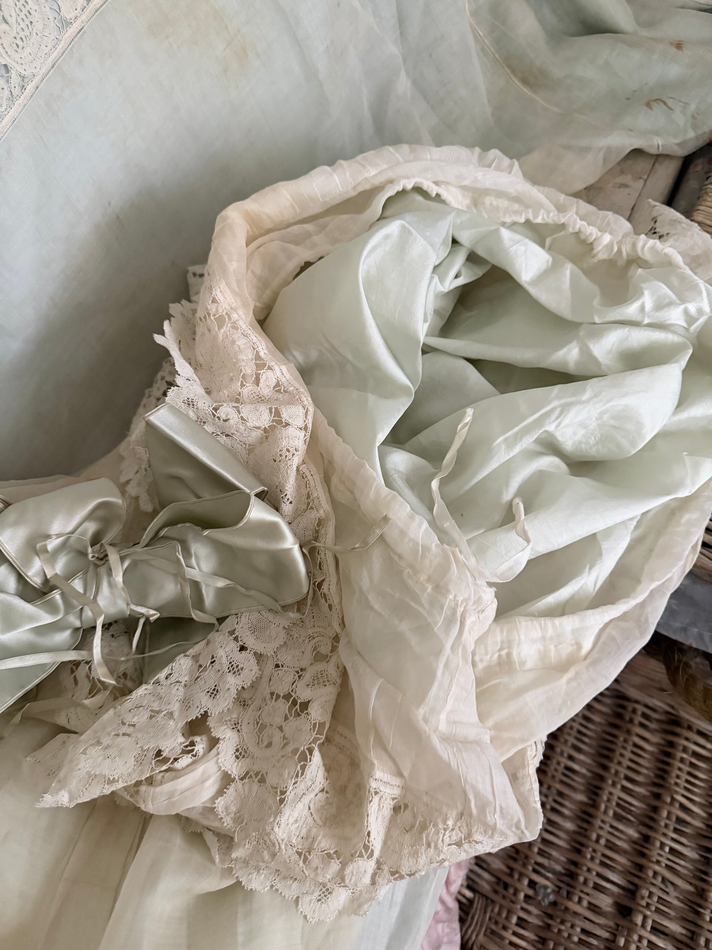 RARE Exquisite Antique French Silk Lace Monogram Bridal Bed Set