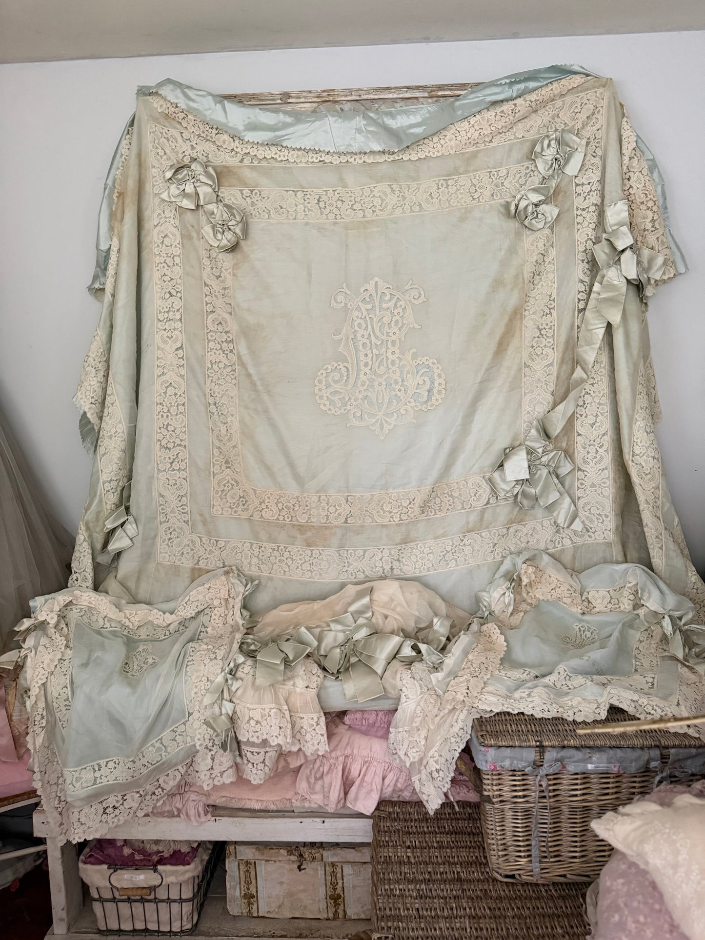 RARE Exquisite Antique French Silk Lace Monogram Bridal Bed Set