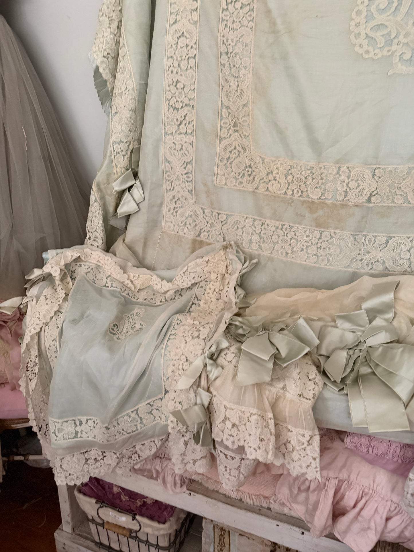 RARE Exquisite Antique French Silk Lace Monogram Bridal Bed Set