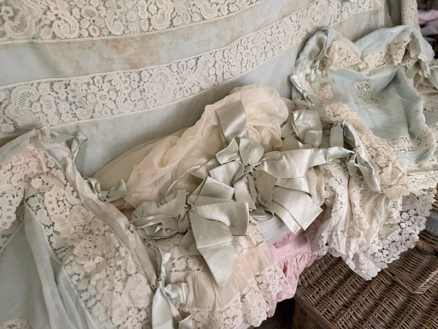 RARE Exquisite Antique French Silk Lace Monogram Bridal Bed Set