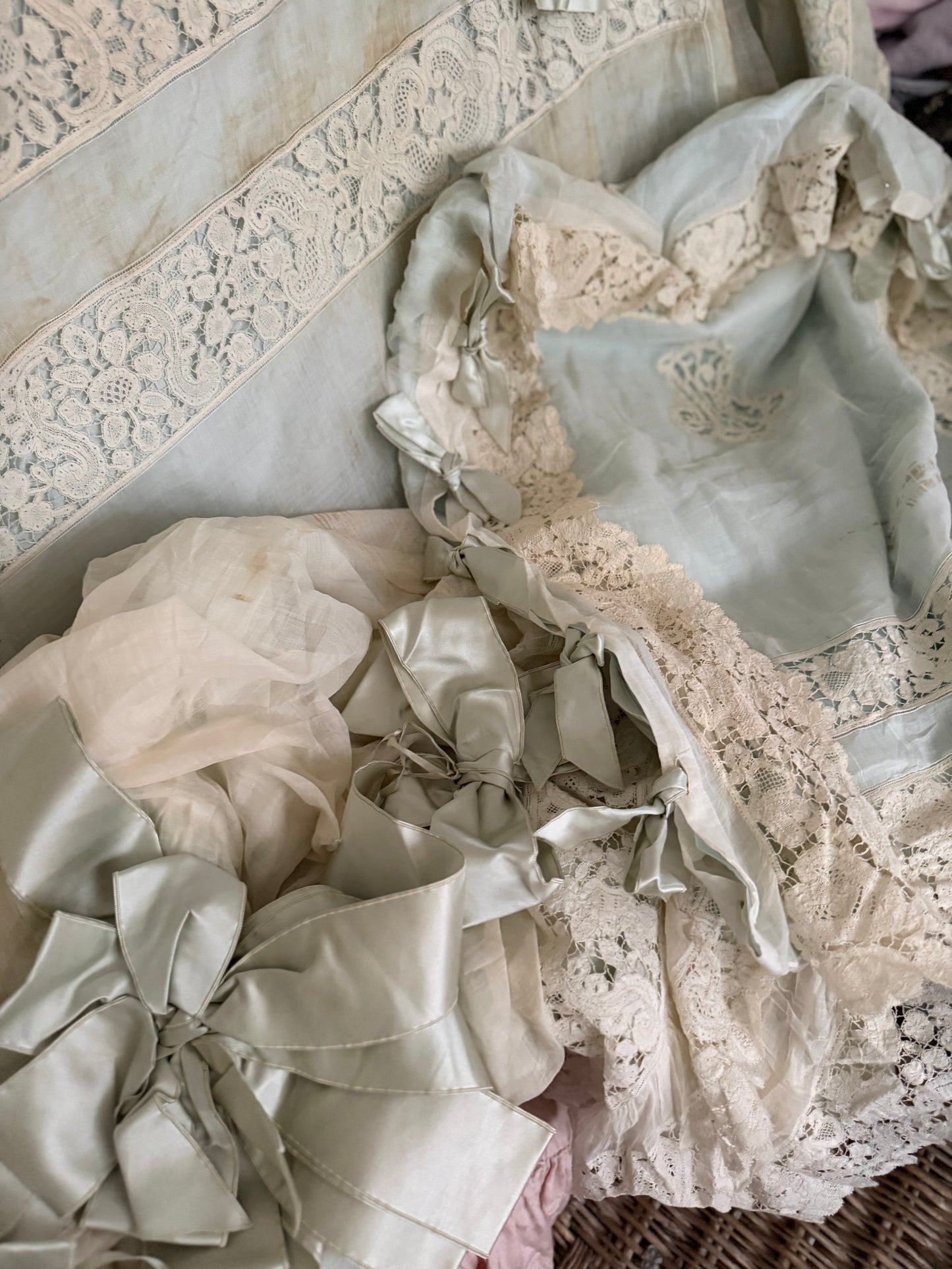 RARE Exquisite Antique French Silk Lace Monogram Bridal Bed Set