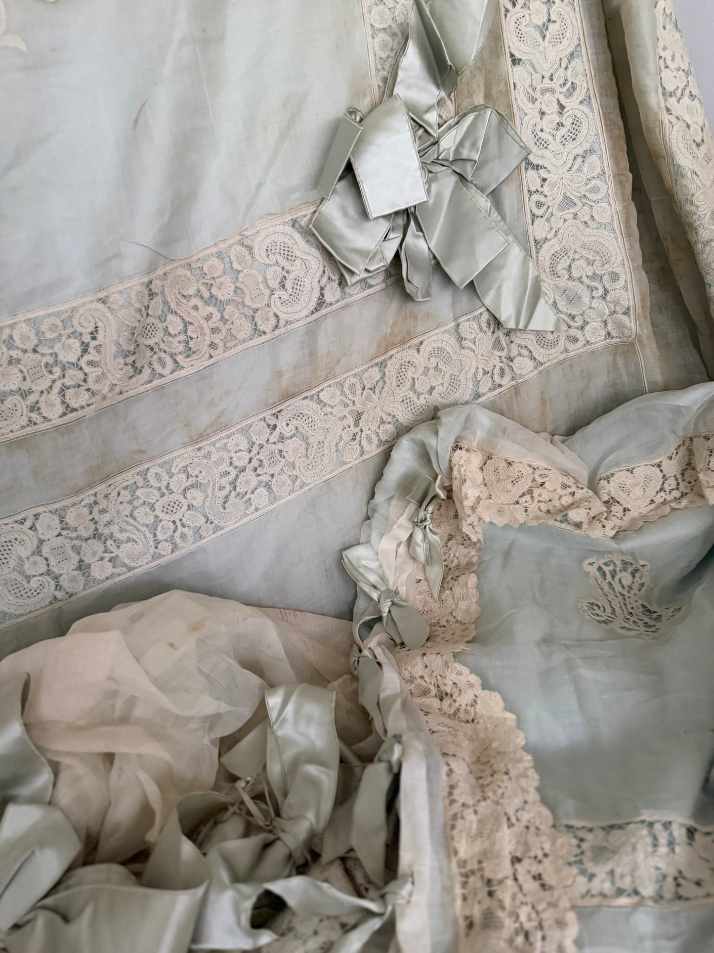 RARE Exquisite Antique French Silk Lace Monogram Bridal Bed Set