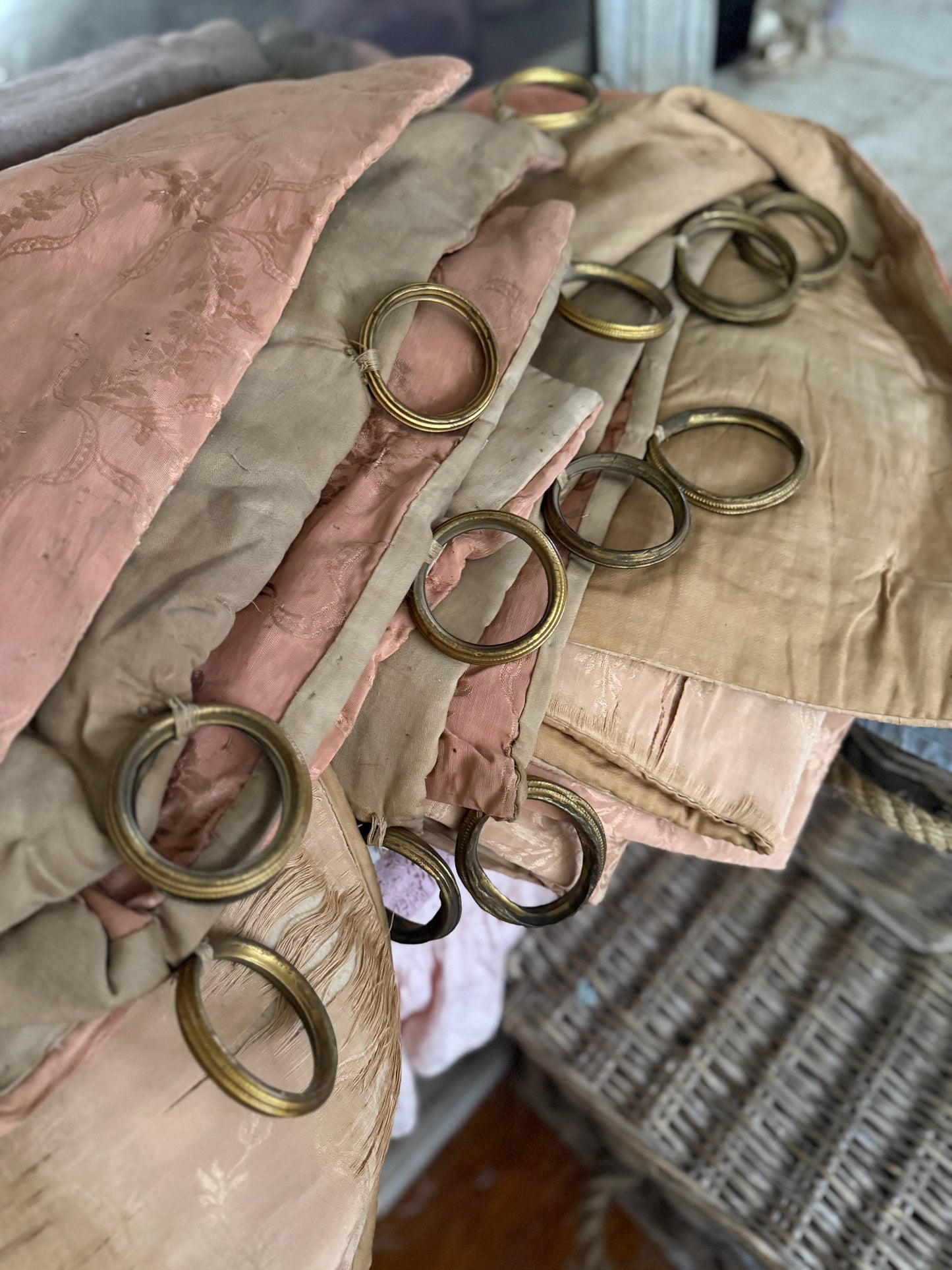 Pair Antique Timeworn Pink Silk Chateau Curtain Panels