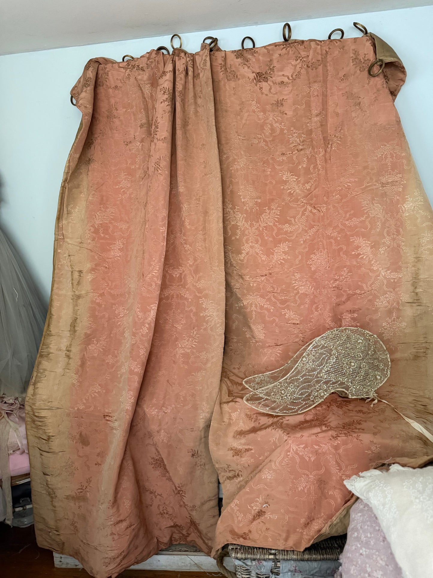 Pair Antique Timeworn Pink Silk Chateau Curtain Panels