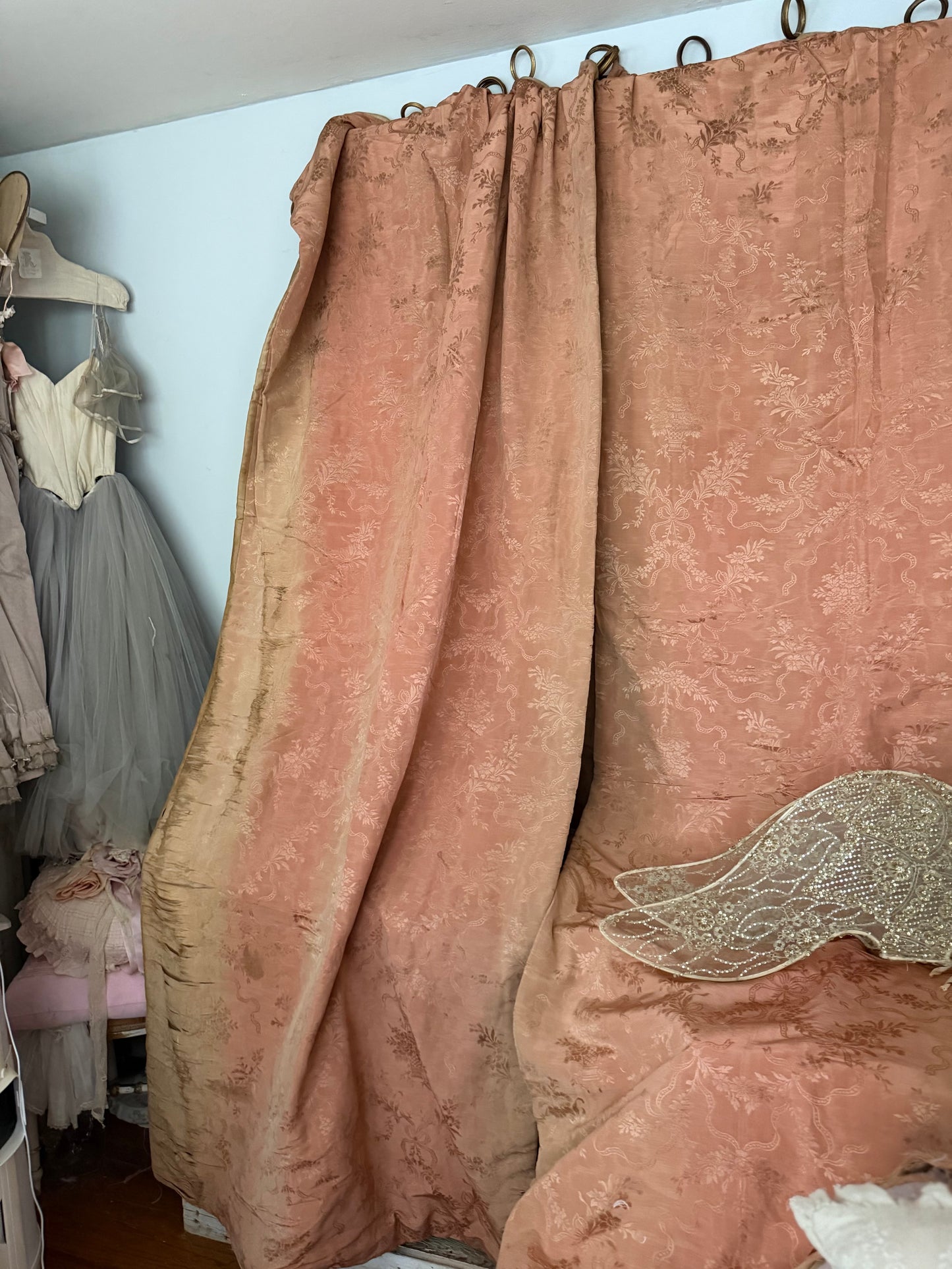 Pair Antique Timeworn Pink Silk Chateau Curtain Panels