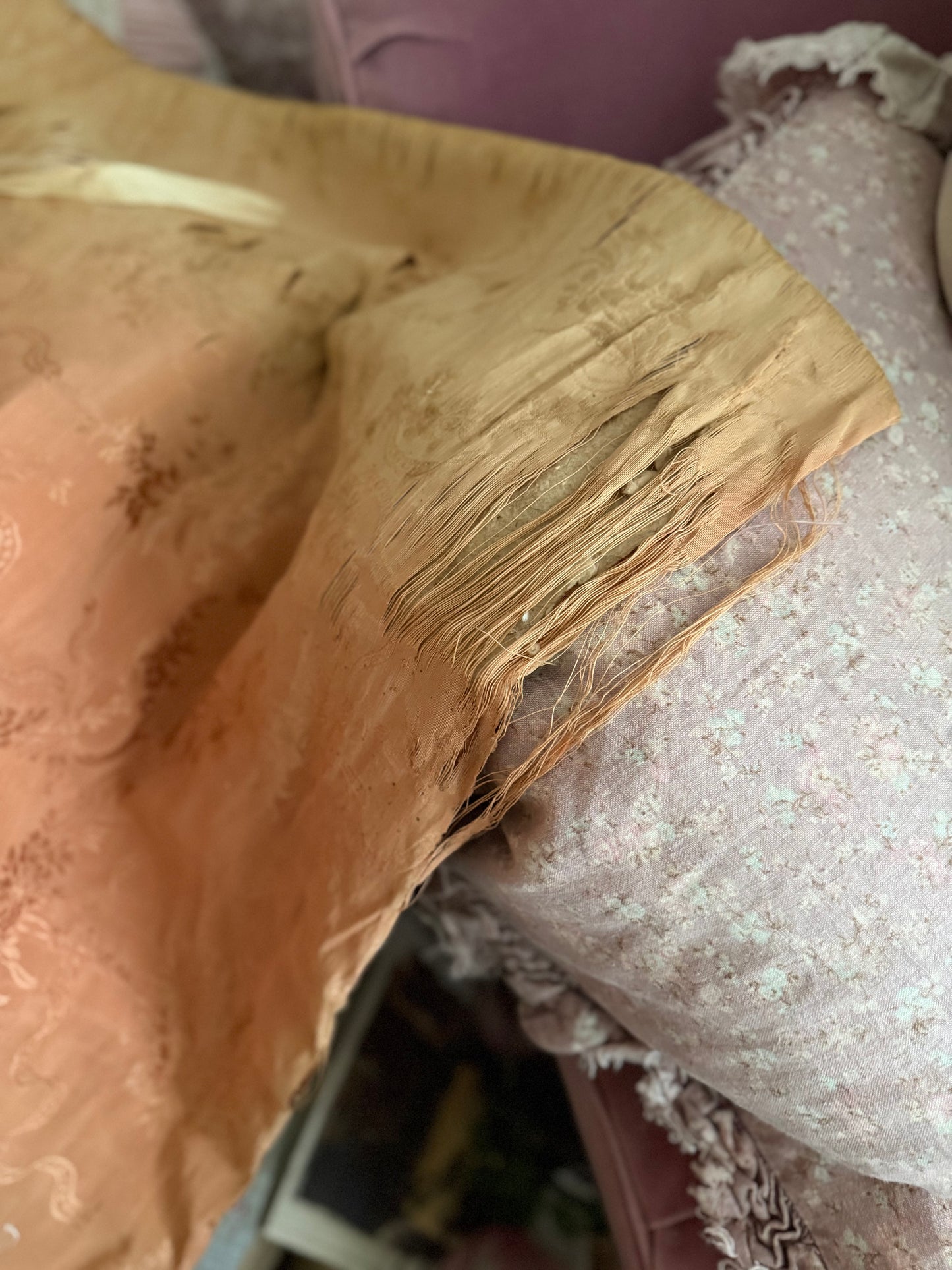 Pair Antique Timeworn Pink Silk Chateau Curtain Panels