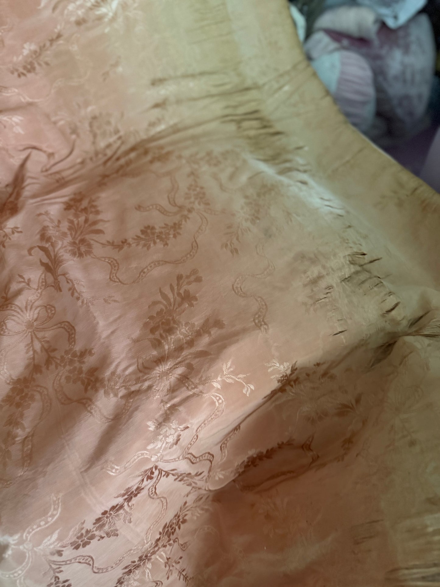 Pair Antique Timeworn Pink Silk Chateau Curtain Panels